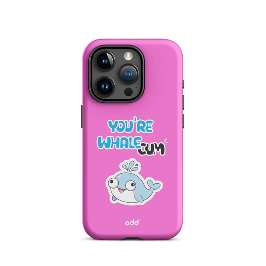 oddjuice pink whale case – hot pink dual-layer tough iPhone case with you`re whalecum whale graphic on back, back view, iPhone 15 pro