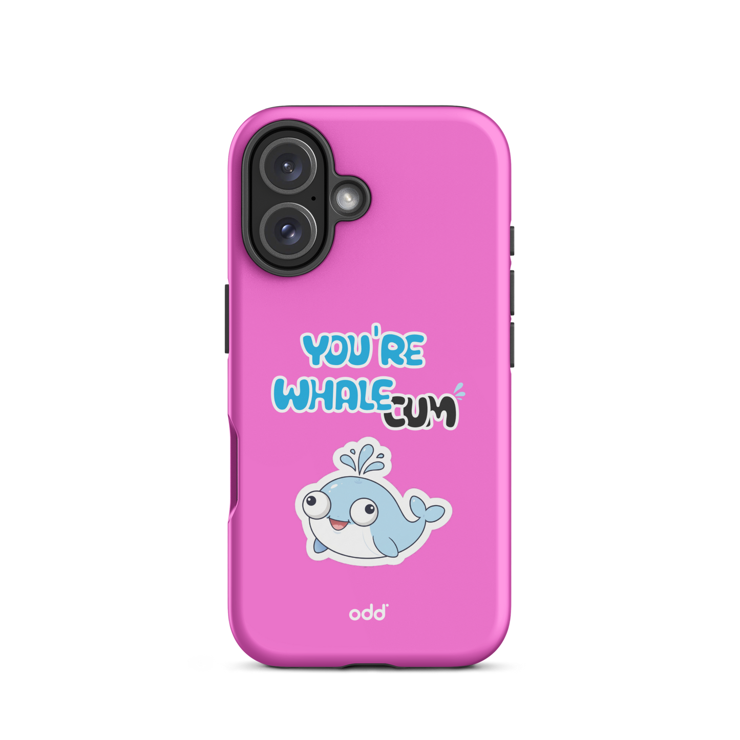 oddjuice pink whale case – hot pink dual-layer tough iPhone case with you`re whalecum whale graphic on back, back view, iPhone 16