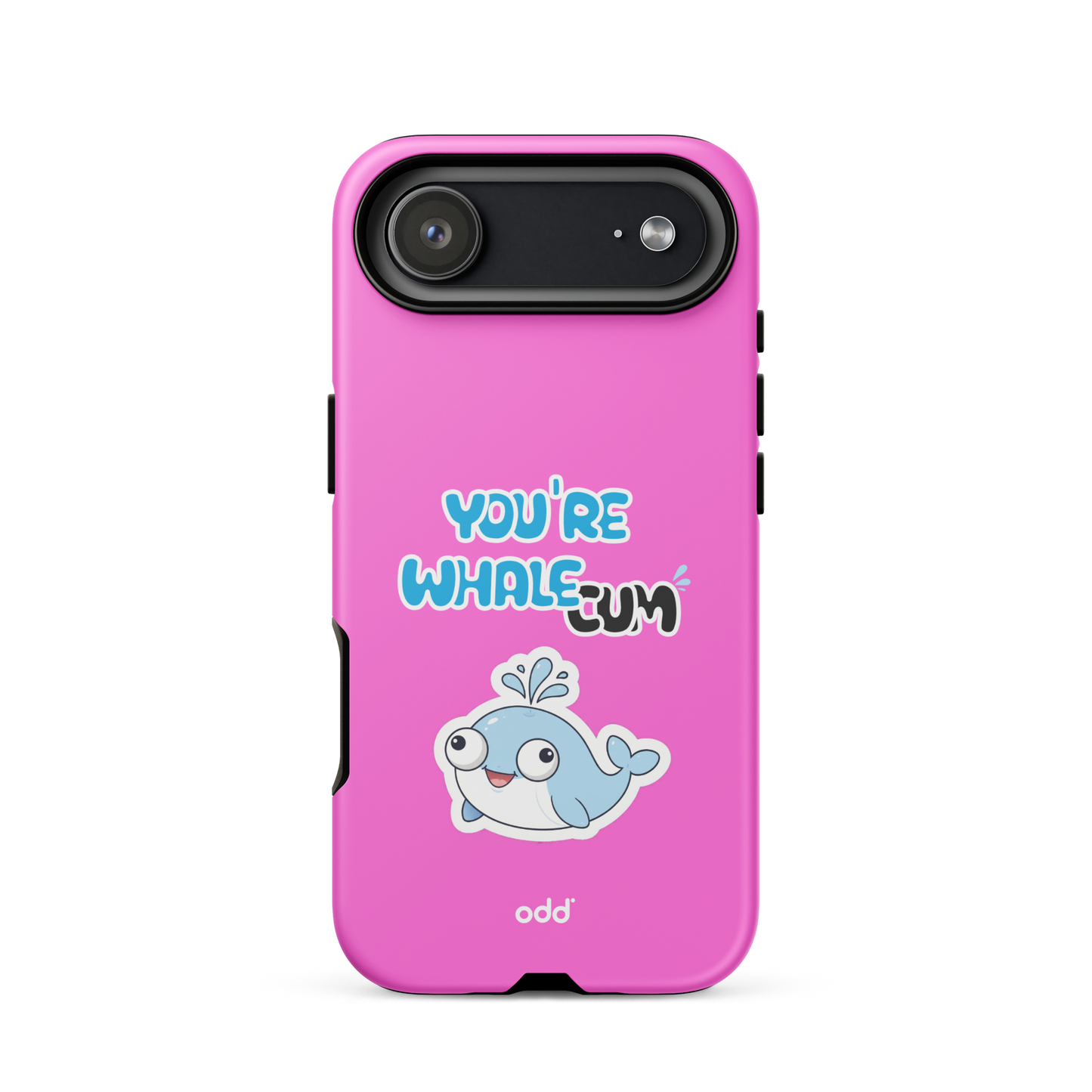 oddjuice pink whale case – hot pink dual-layer tough iPhone case with you`re whalecum whale graphic on back, back view, iPhone 17 air