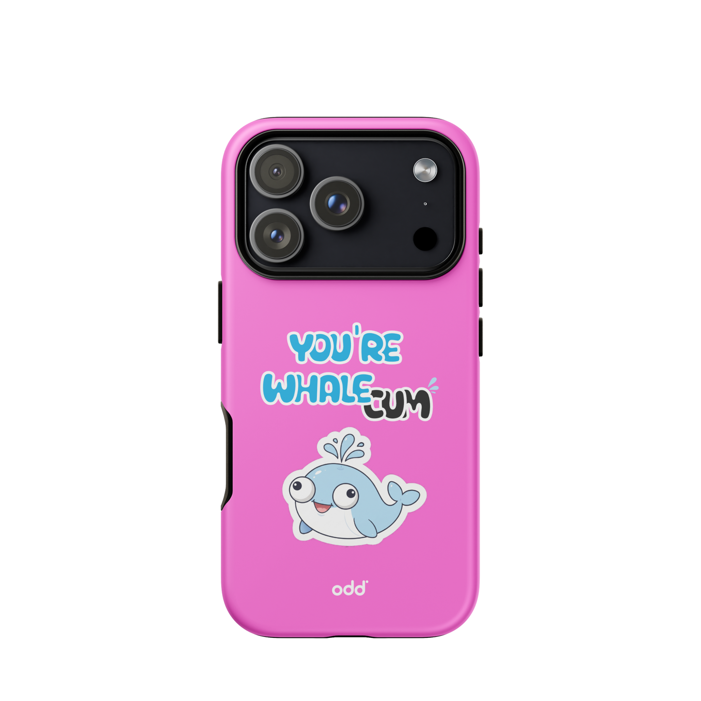 oddjuice pink whale case – hot pink dual-layer tough iPhone case with you`re whalecum whale graphic on back, back view, iPhone 17 pro