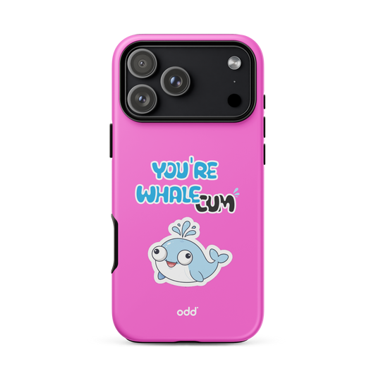 oddjuice pink whale case – hot pink dual-layer tough iPhone case with you`re whalecum whale graphic on back, back view, iPhone 17 pro max