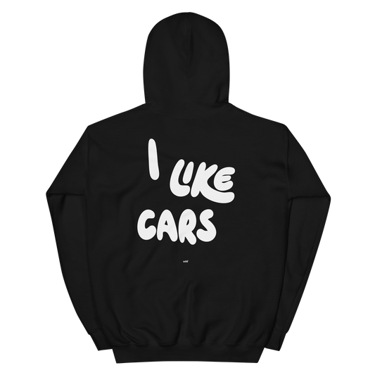 black unisex hoodie, back view – "I LIKE CARS" text print