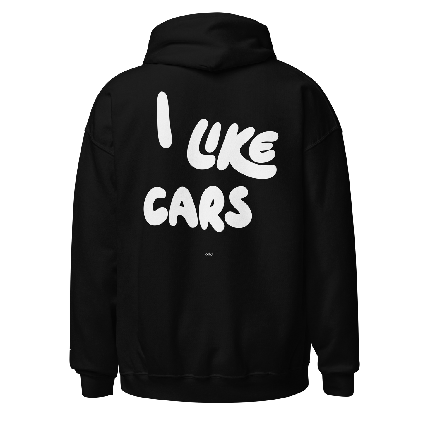 black unisex hoodie, back view – "I LIKE CARS" text print