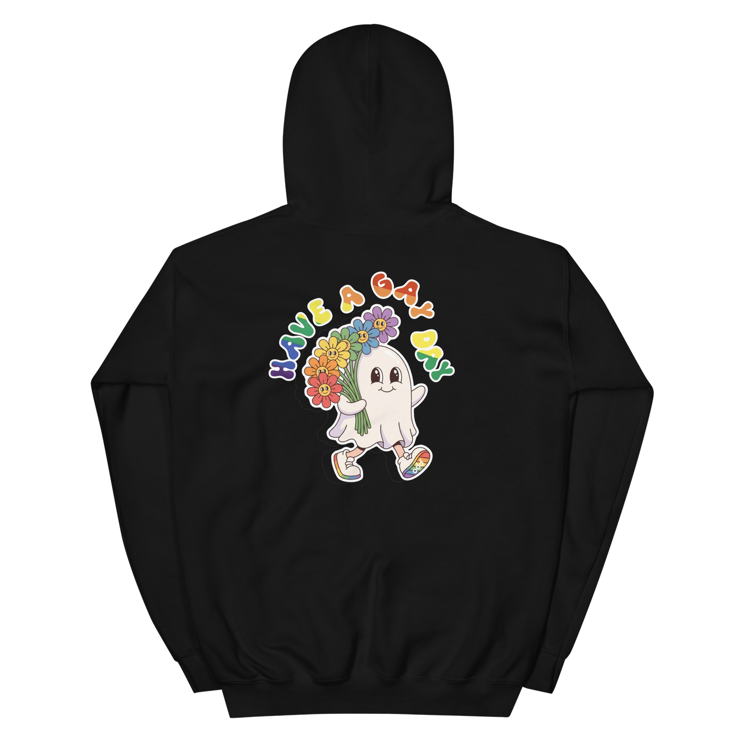 black unisex hoodie, back view – "HAVE A GAY DAY" colorful text print with a friendly looking ghost holding colorful flowers