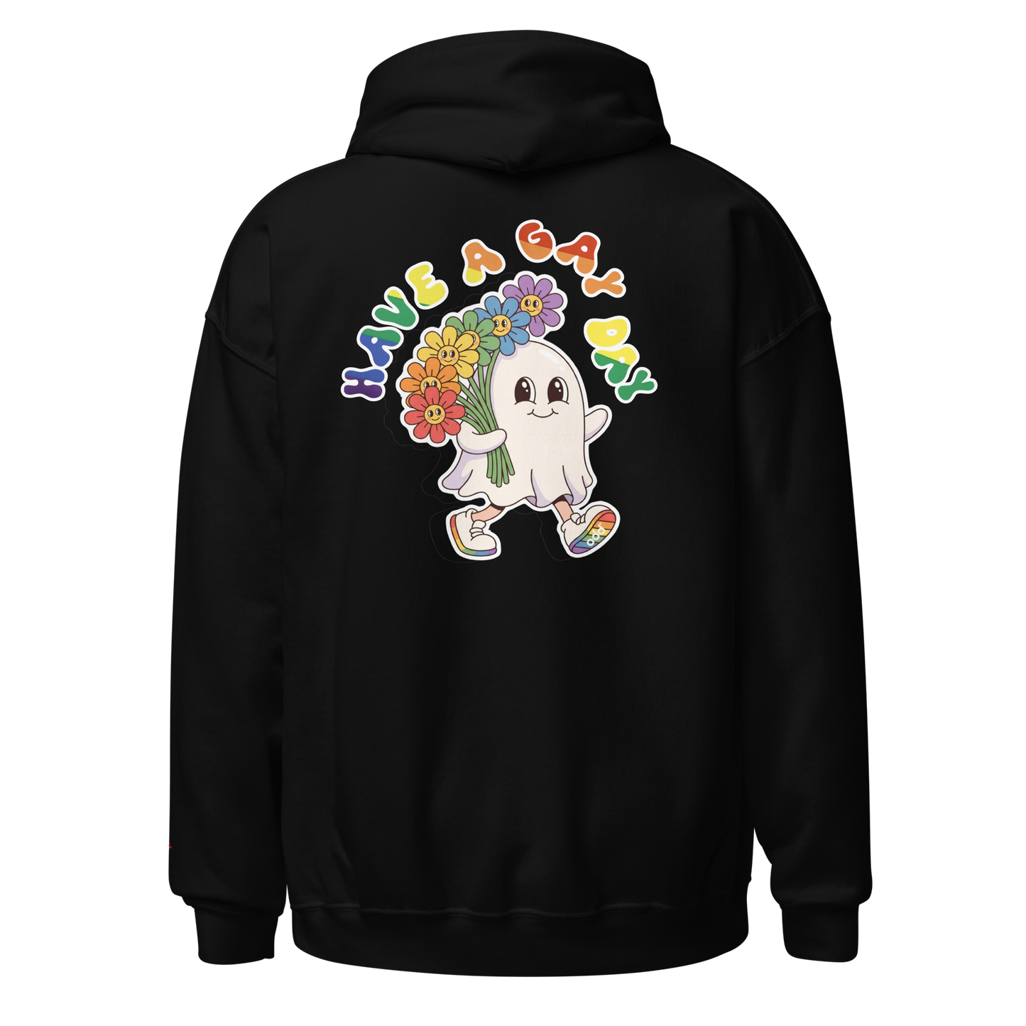 black unisex hoodie, back view – "HAVE A GAY DAY" colorful text print with a friendly looking ghost holding colorful flowers