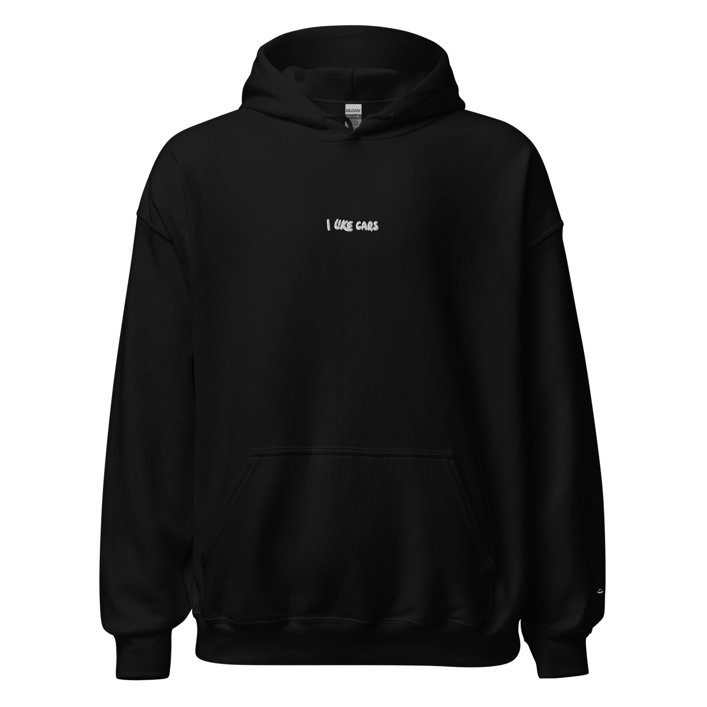 Black unisex hoodie, front view – small "I LIKE CARS" embroidery on chest