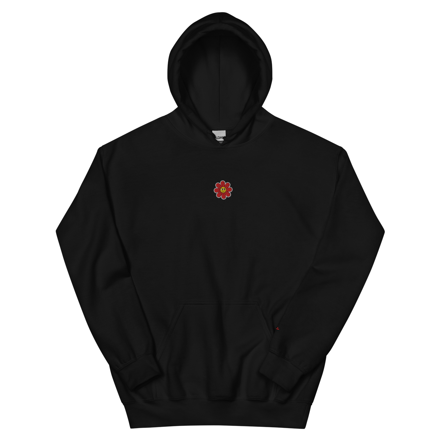 Black unisex hoodie, front view – small friendly looking flower embroidery on chest