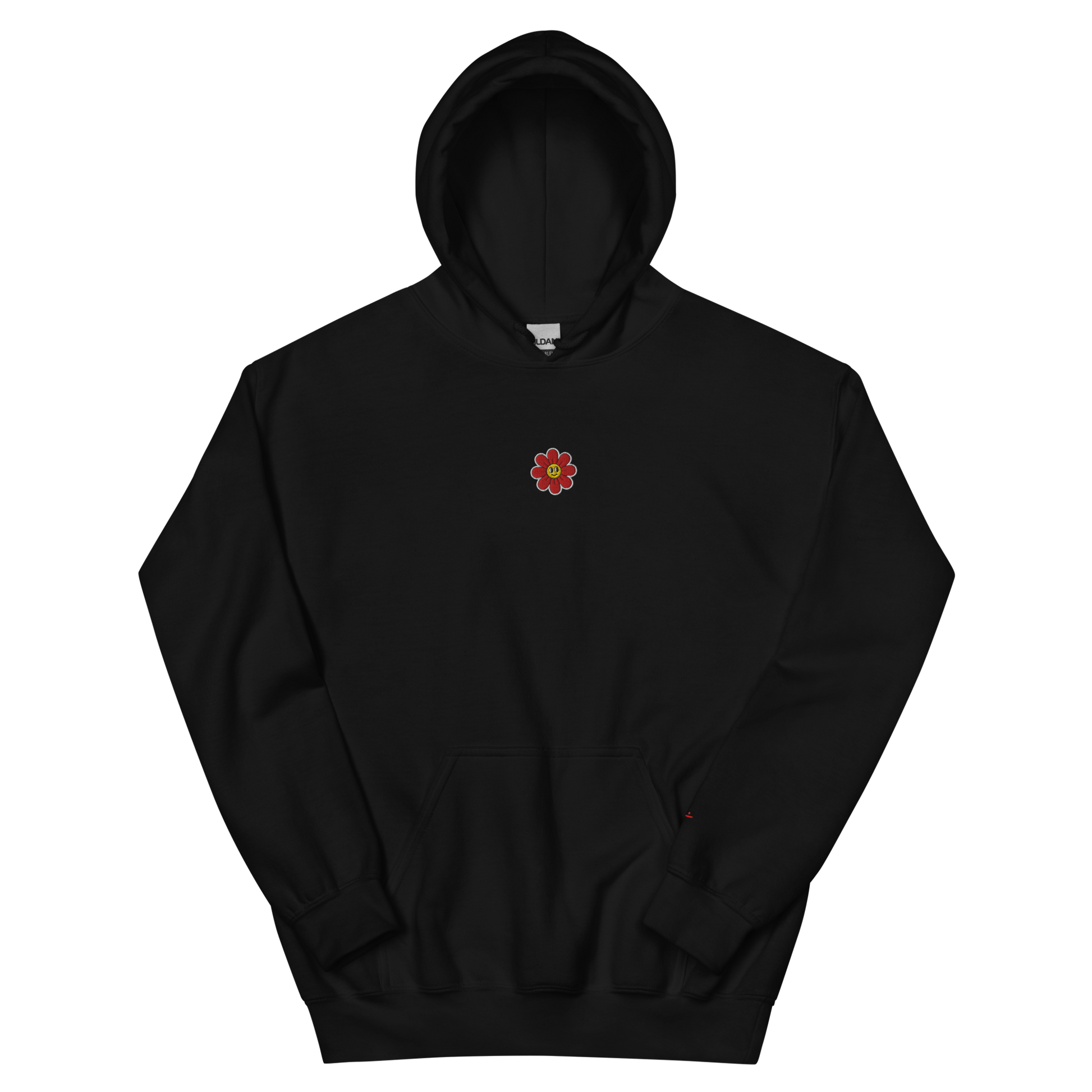 Black unisex hoodie, front view – small friendly looking flower embroidery on chest
