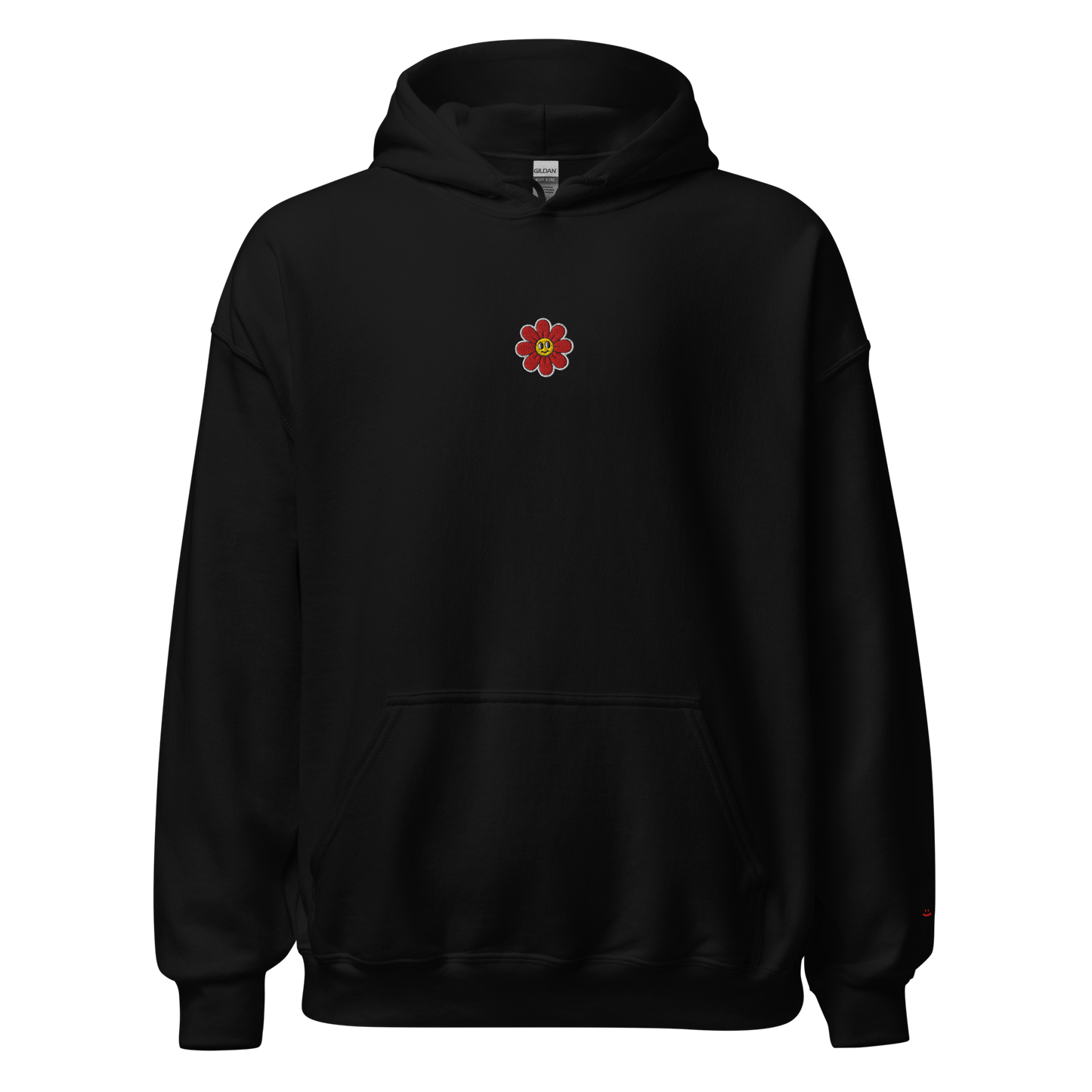 Black unisex hoodie, front view – small friendly looking flower embroidery on chest