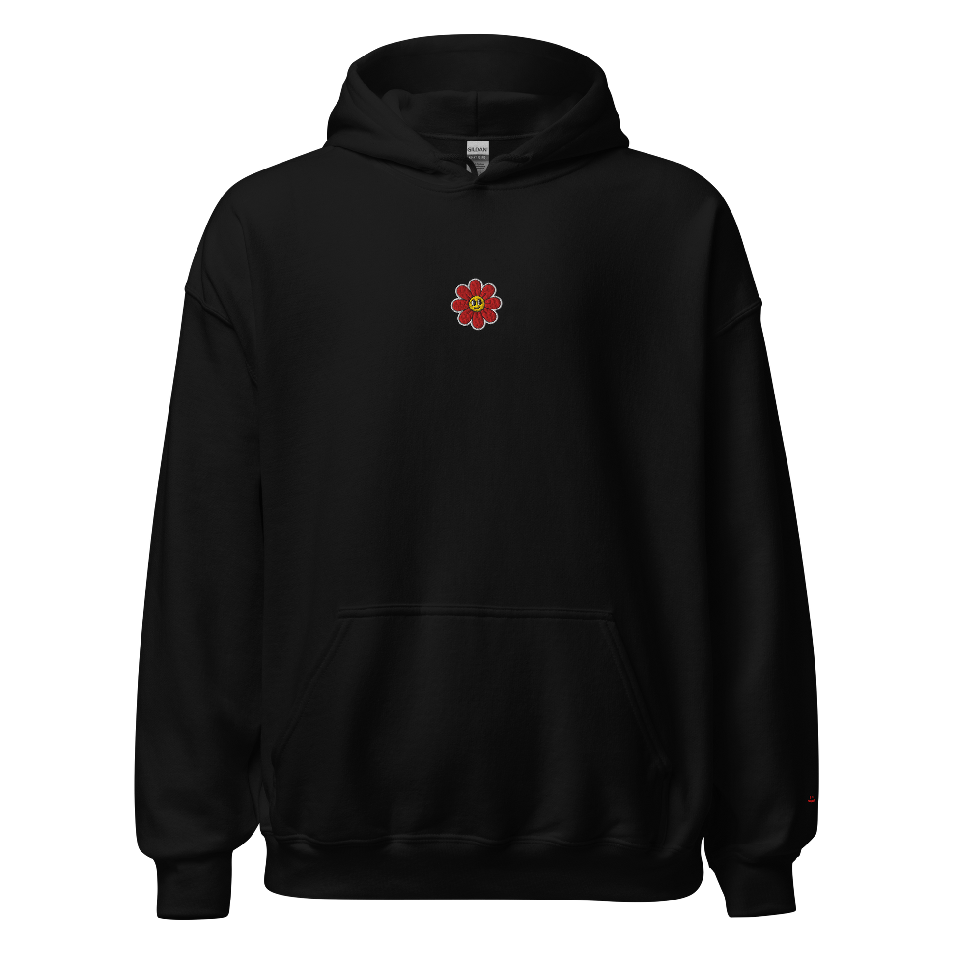 Black unisex hoodie, front view – small friendly looking flower embroidery on chest