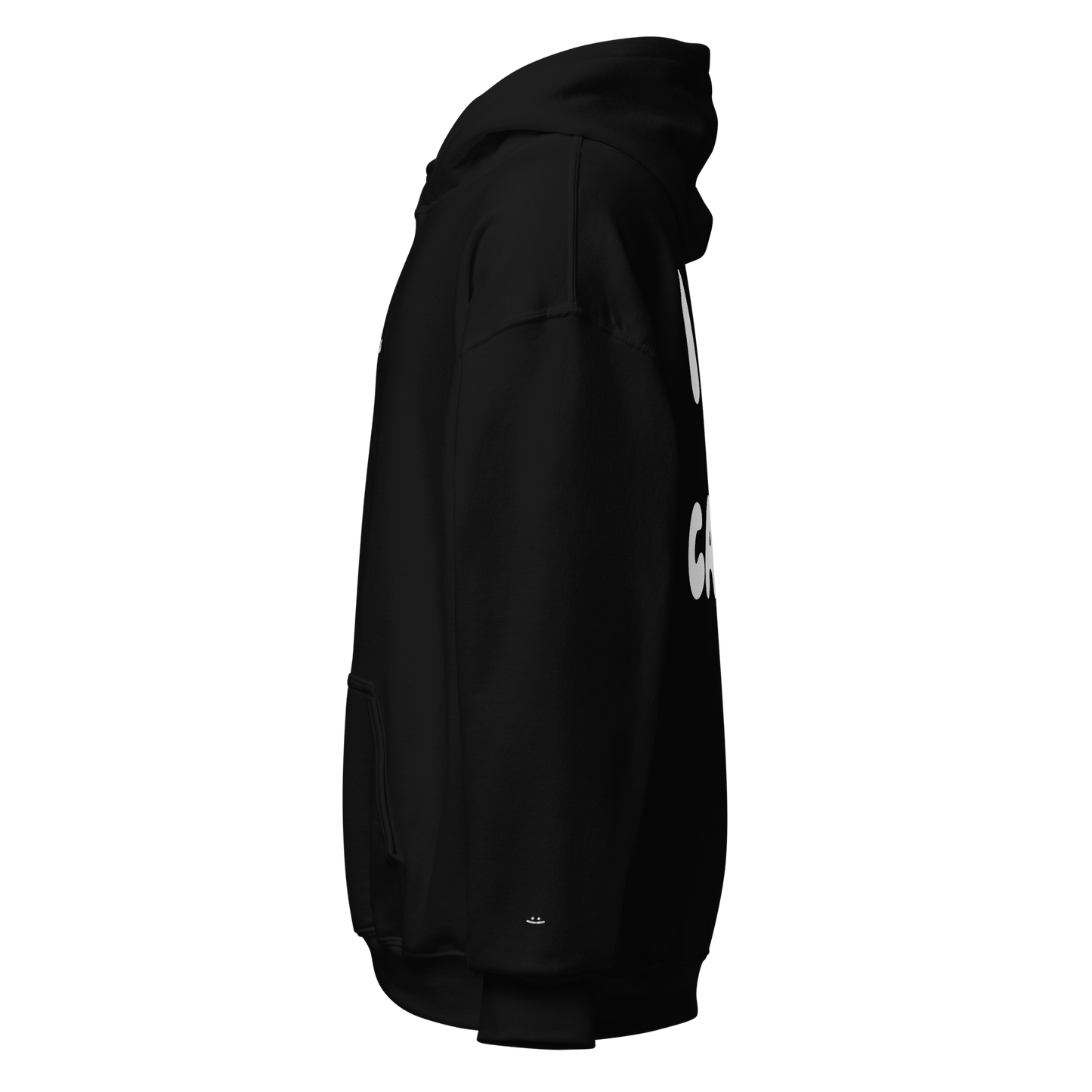 Black unisex hoodie, side view – full length silhouette, white embroidered smiley on sleeve