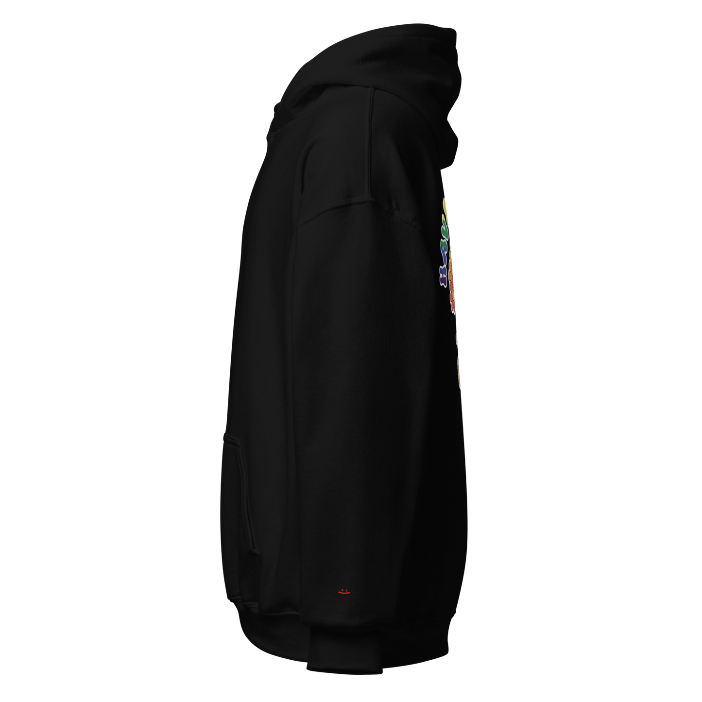 Black unisex hoodie, side view – full length silhouette, red embroidered smiley on sleeve