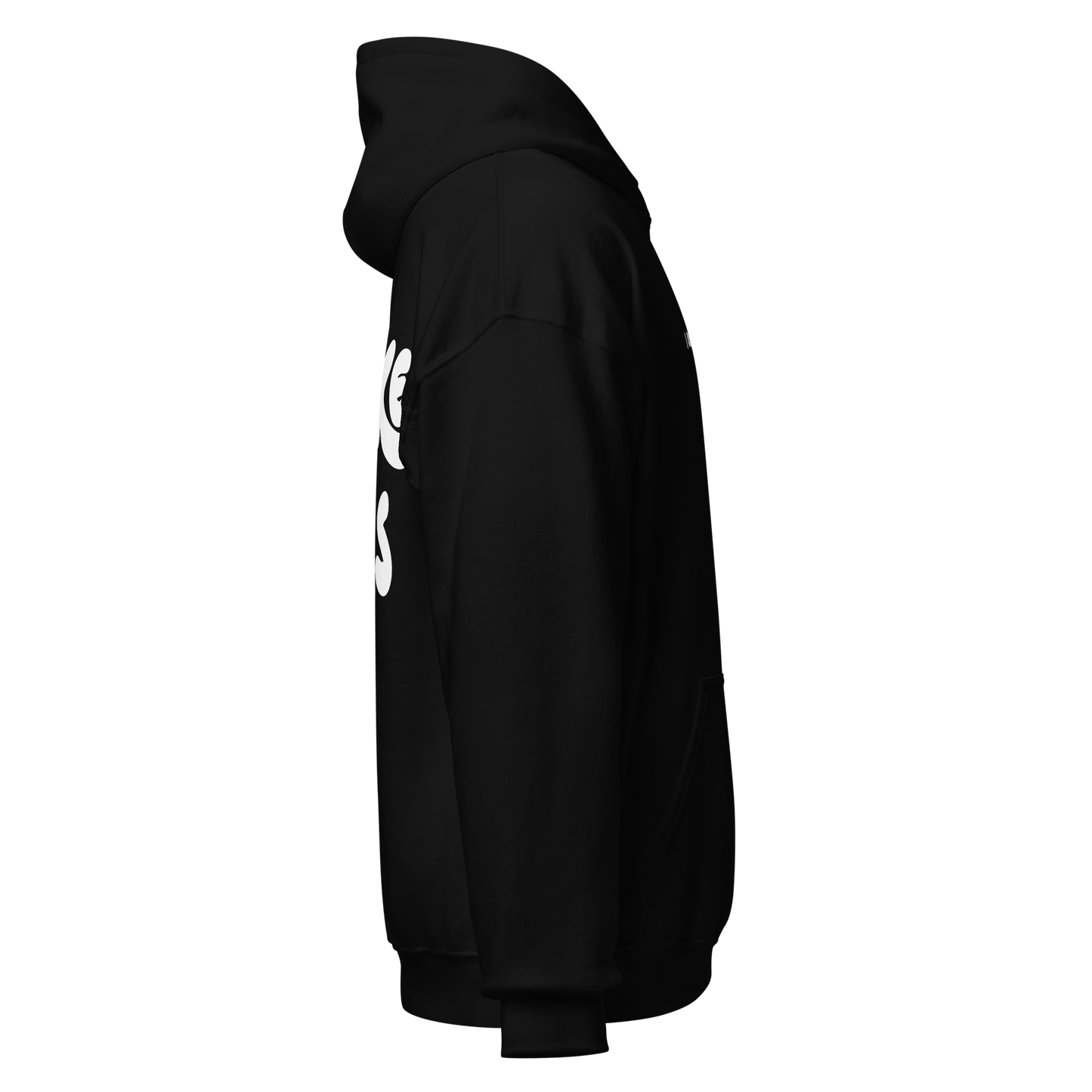 Black unisex hoodie, side view – full length silhouette
