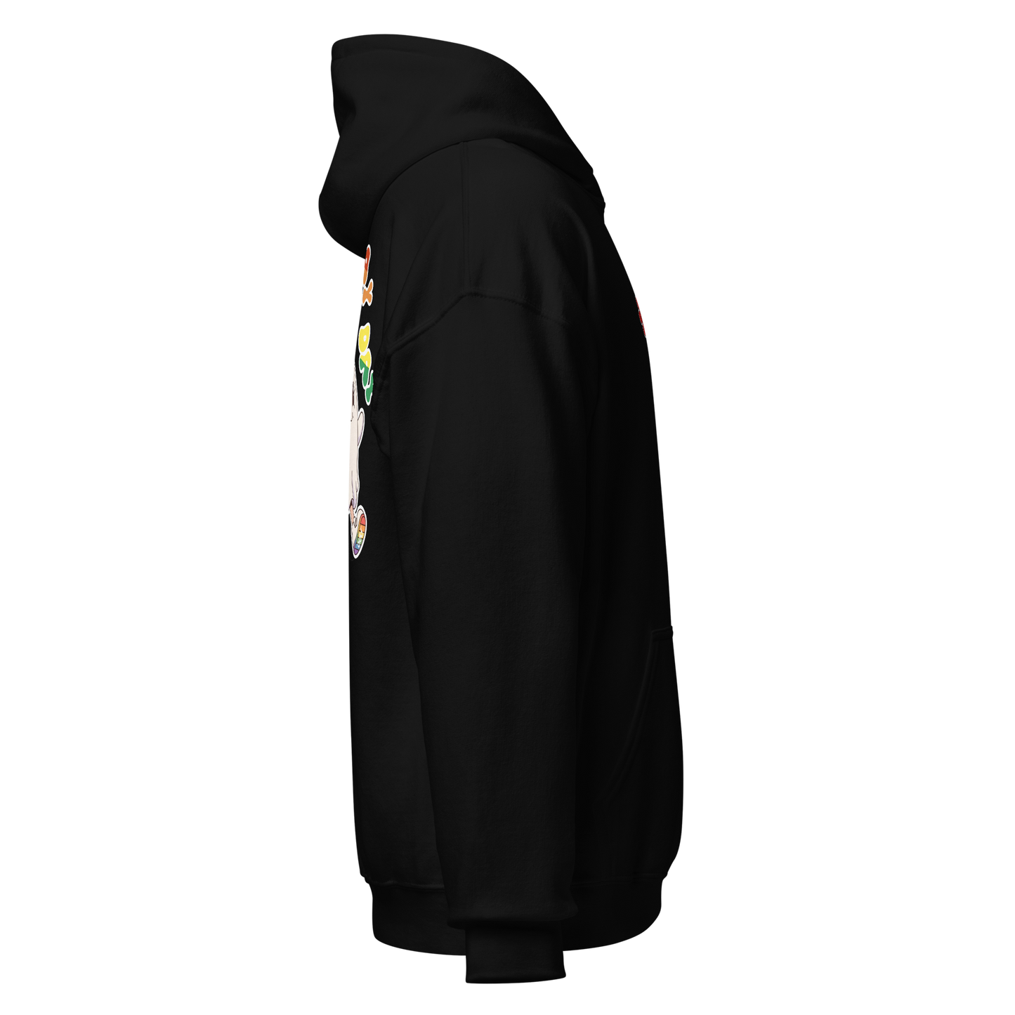 Black unisex hoodie, side view – full length silhouette