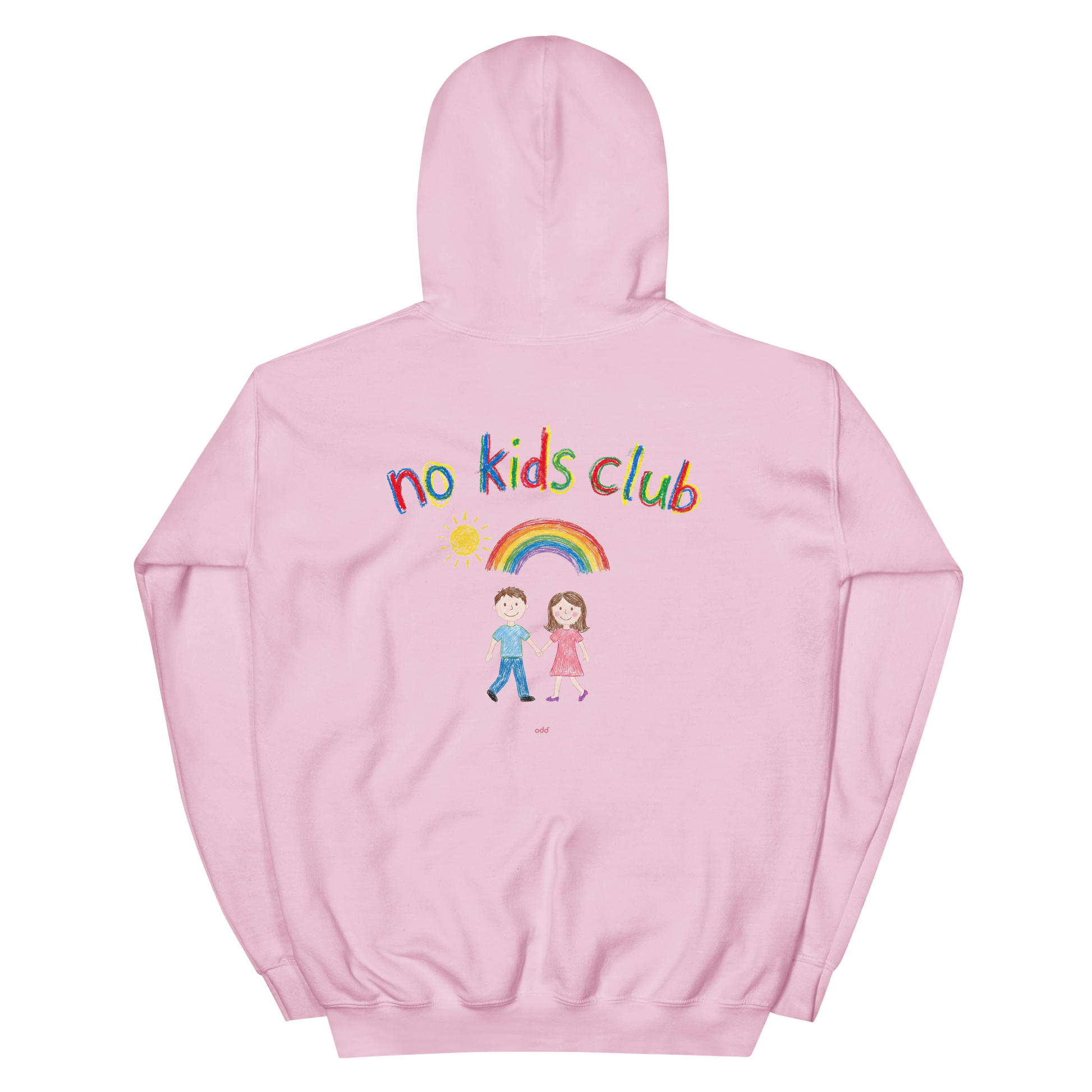 Light pink unisex hoodie, back view – "no kids club" text with couple and rainbow graphic