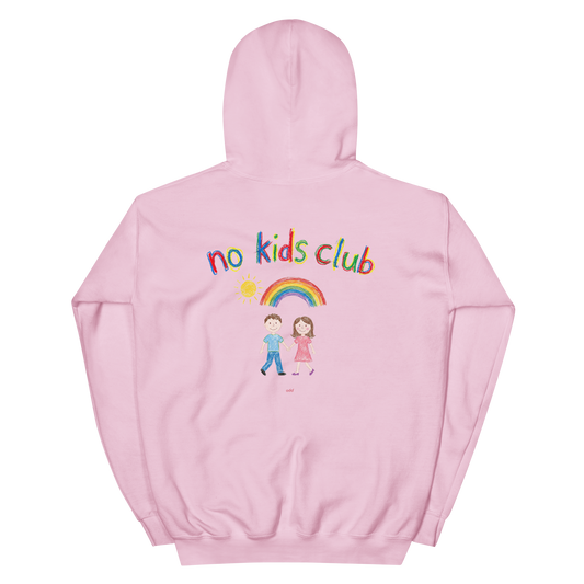 Light pink unisex hoodie, back view – "no kids club" text with couple and rainbow graphic