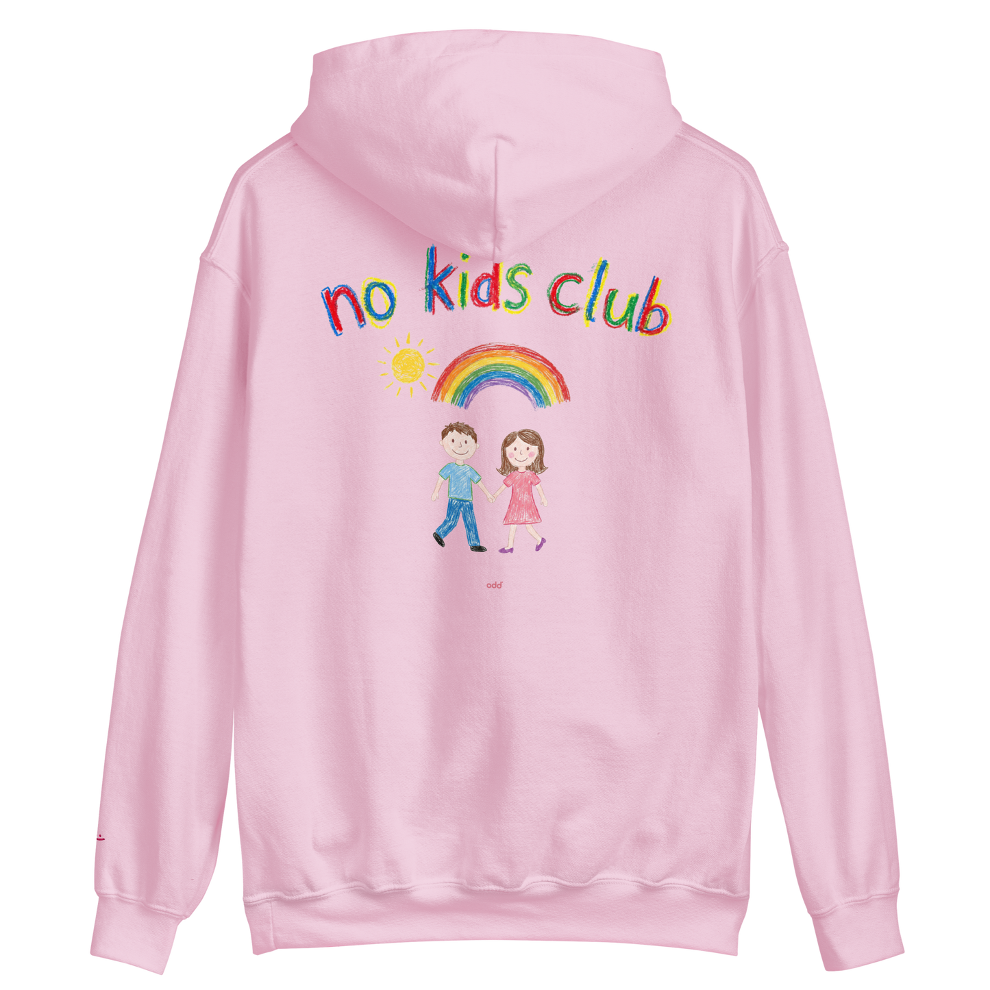 Light pink unisex hoodie, back view – "no kids club" text with couple and rainbow graphic