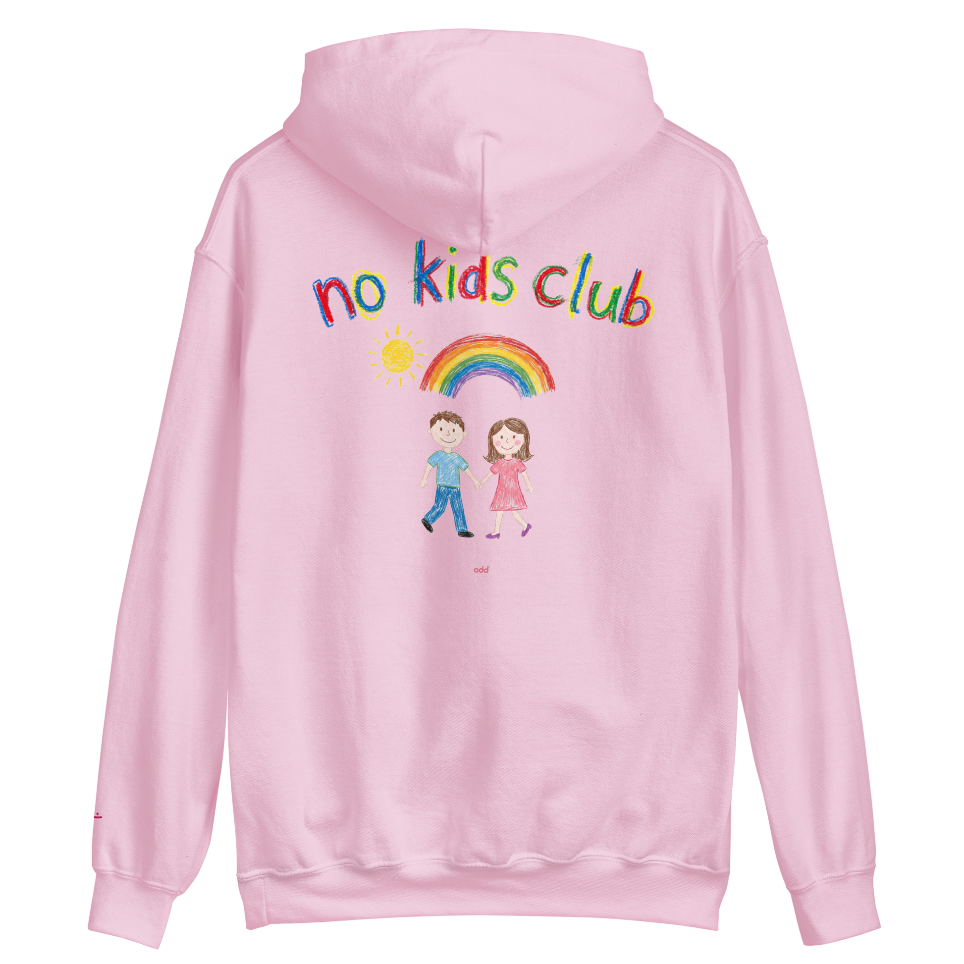 Light pink unisex hoodie, back view – "no kids club" text with couple and rainbow graphic