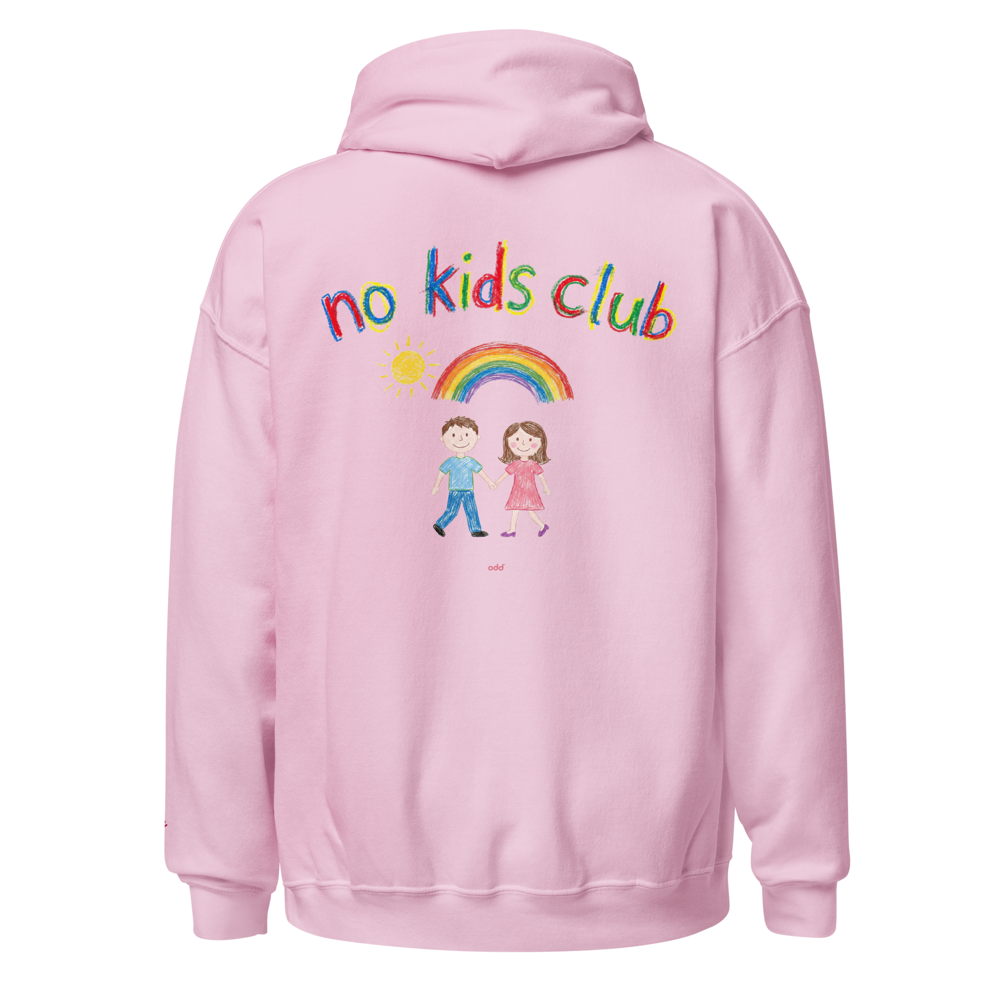 Light pink unisex hoodie, back view – "no kids club" text with couple and rainbow graphic