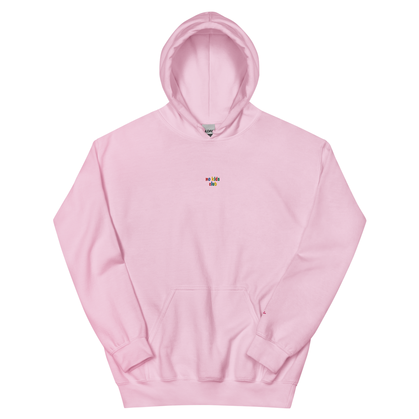 Light pink unisex hoodie, front view – small "no kids club" embroidery on chest