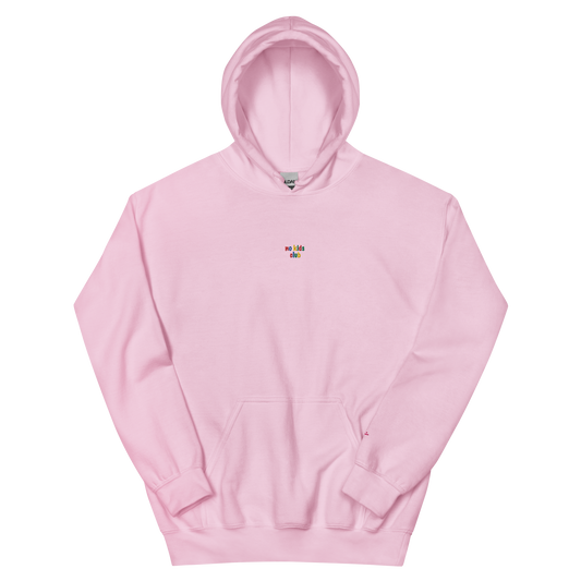 Light pink unisex hoodie, front view – small "no kids club" embroidery on chest