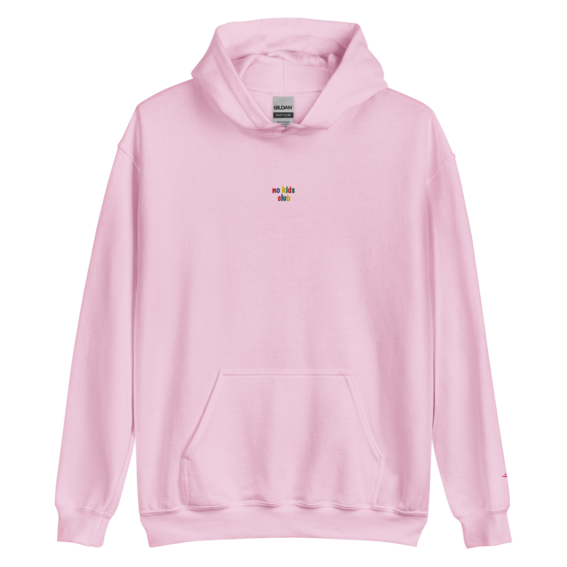 Light pink unisex hoodie, front view – small "no kids club" embroidery on chest