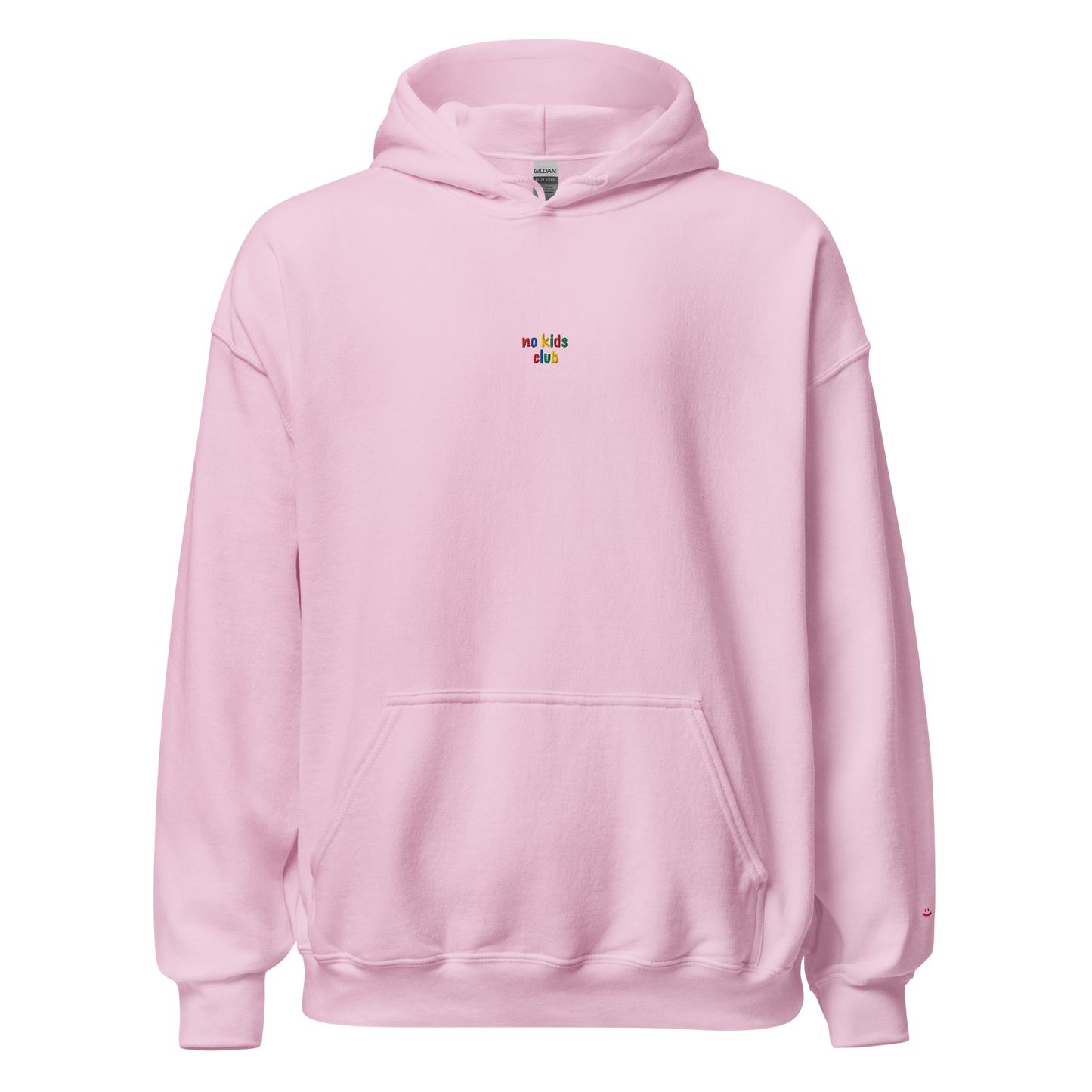Light pink unisex hoodie, front view – small "no kids club" embroidery on chest