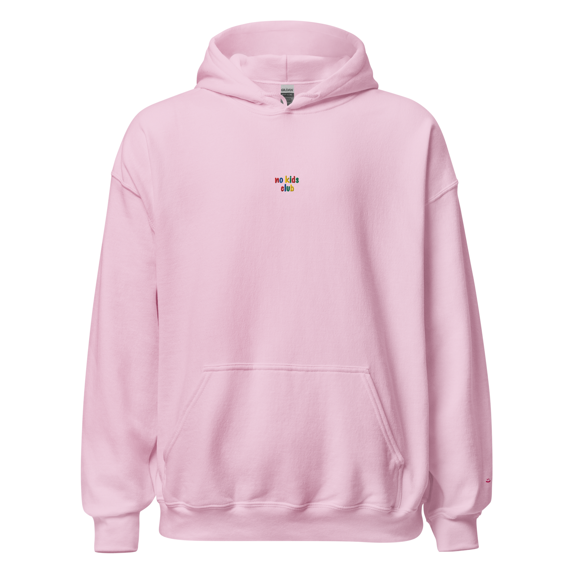 Light pink unisex hoodie, front view – small "no kids club" embroidery on chest