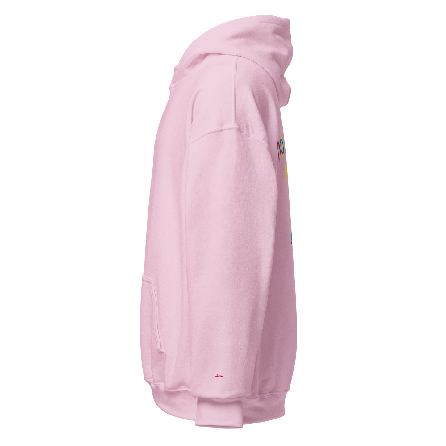 Light pink unisex hoodie, side view – full length silhouette, pink embroidered smiley on sleeve