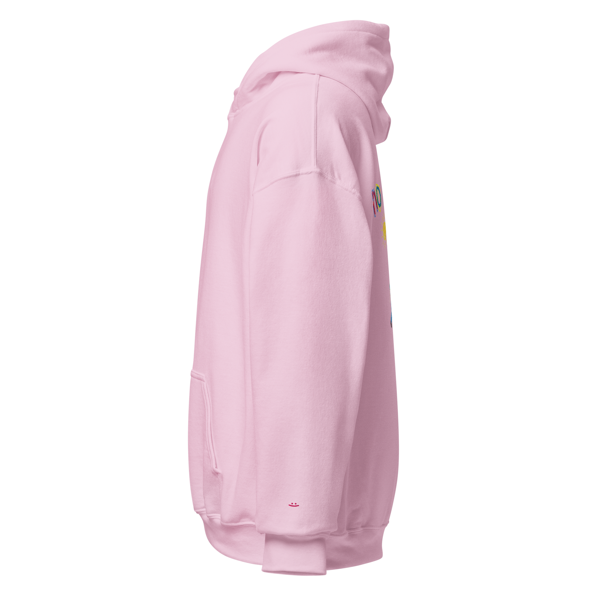 Light pink unisex hoodie, side view – full length silhouette, pink embroidered smiley on sleeve