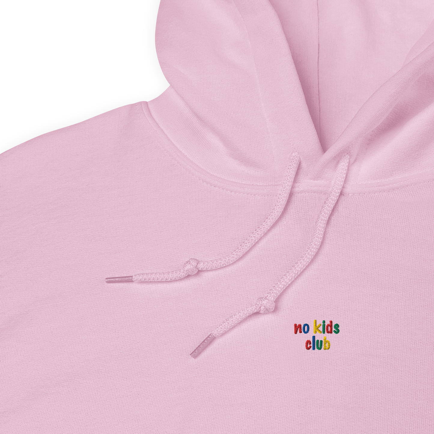 Light pink unisex hoodie, hood closeup – drawcord, texture detail and embroidered "no kids club" text detail