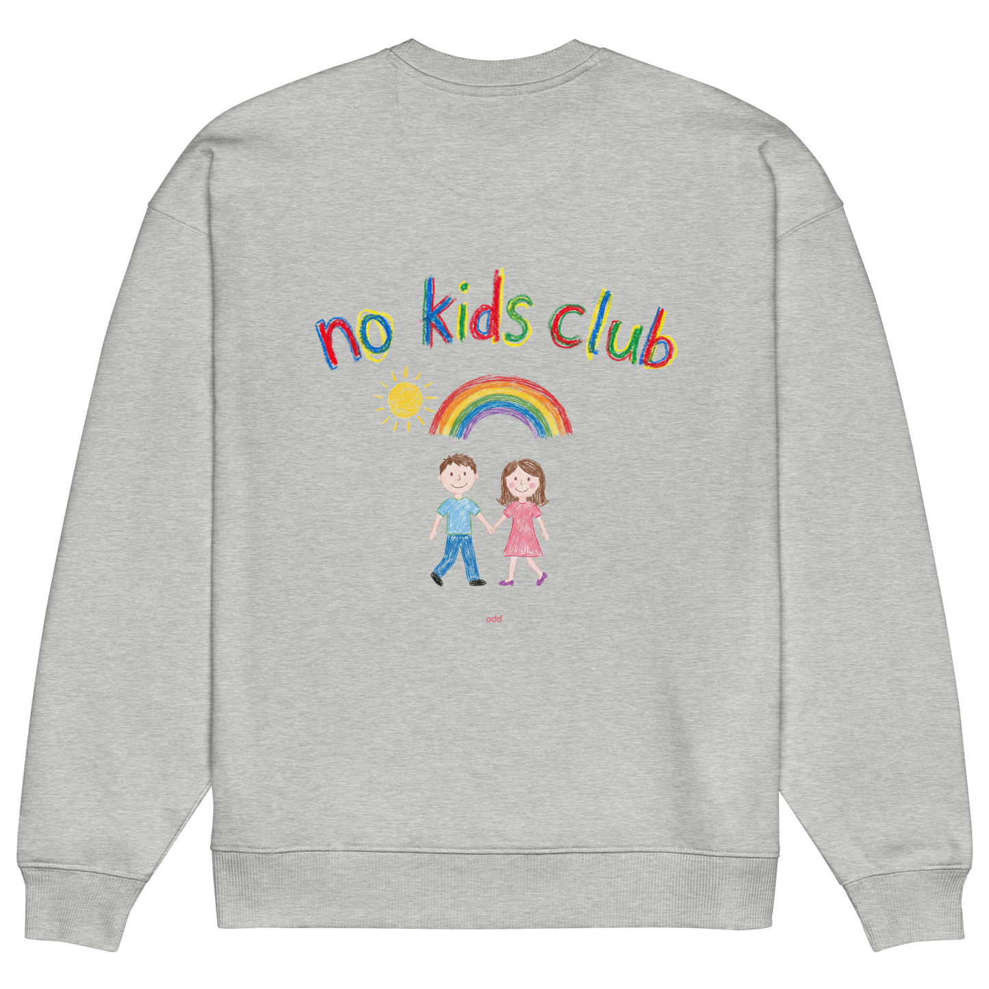 Heather grey oversized sweatshirt, back view – couple, rainbow and sun graphic print
