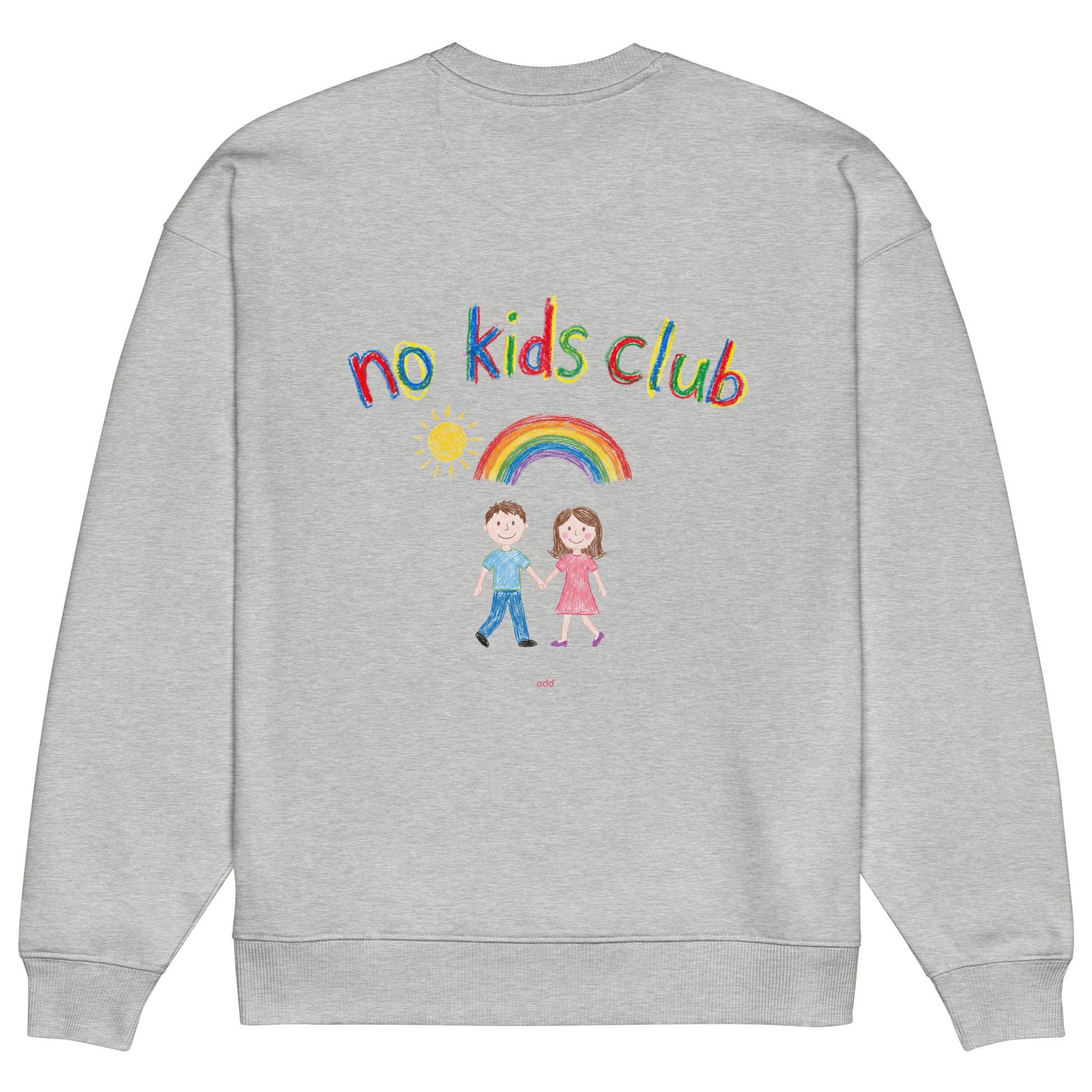 Heather grey oversized sweatshirt, back view – couple, rainbow and sun graphic print