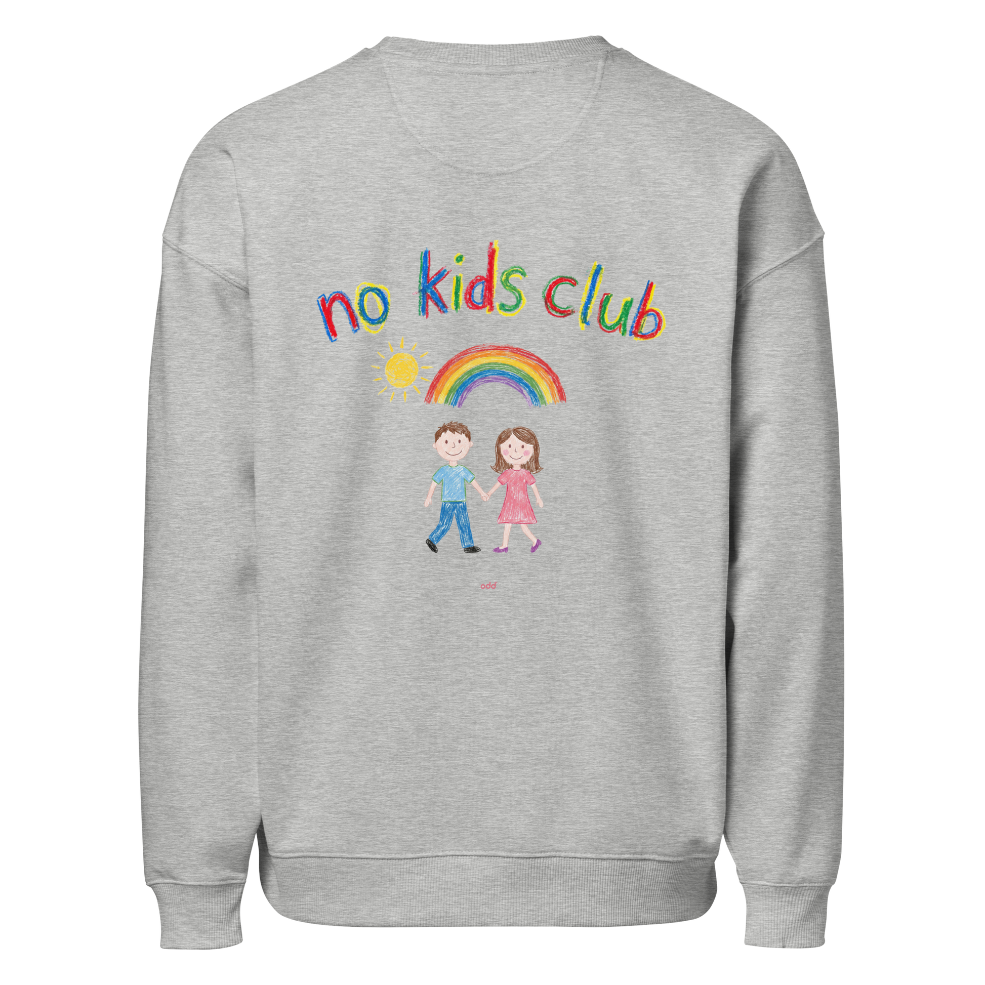 Heather grey oversized sweatshirt, back view – couple, rainbow and sun graphic print
