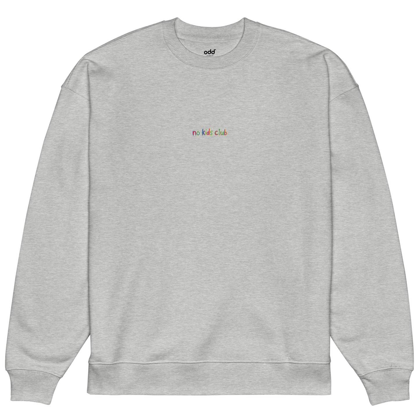 Heather grey oversized sweatshirt, front view – "no kids club" multicolor embroidery on chest