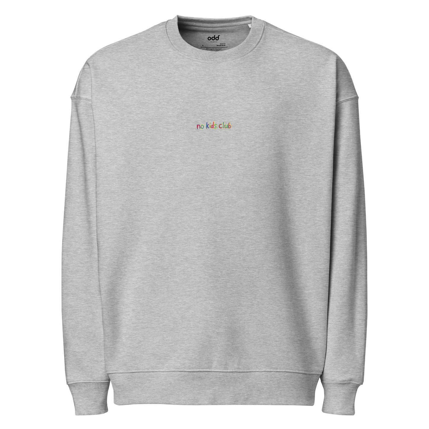 Heather grey oversized sweatshirt, front view – "no kids club" multicolor embroidery on chest