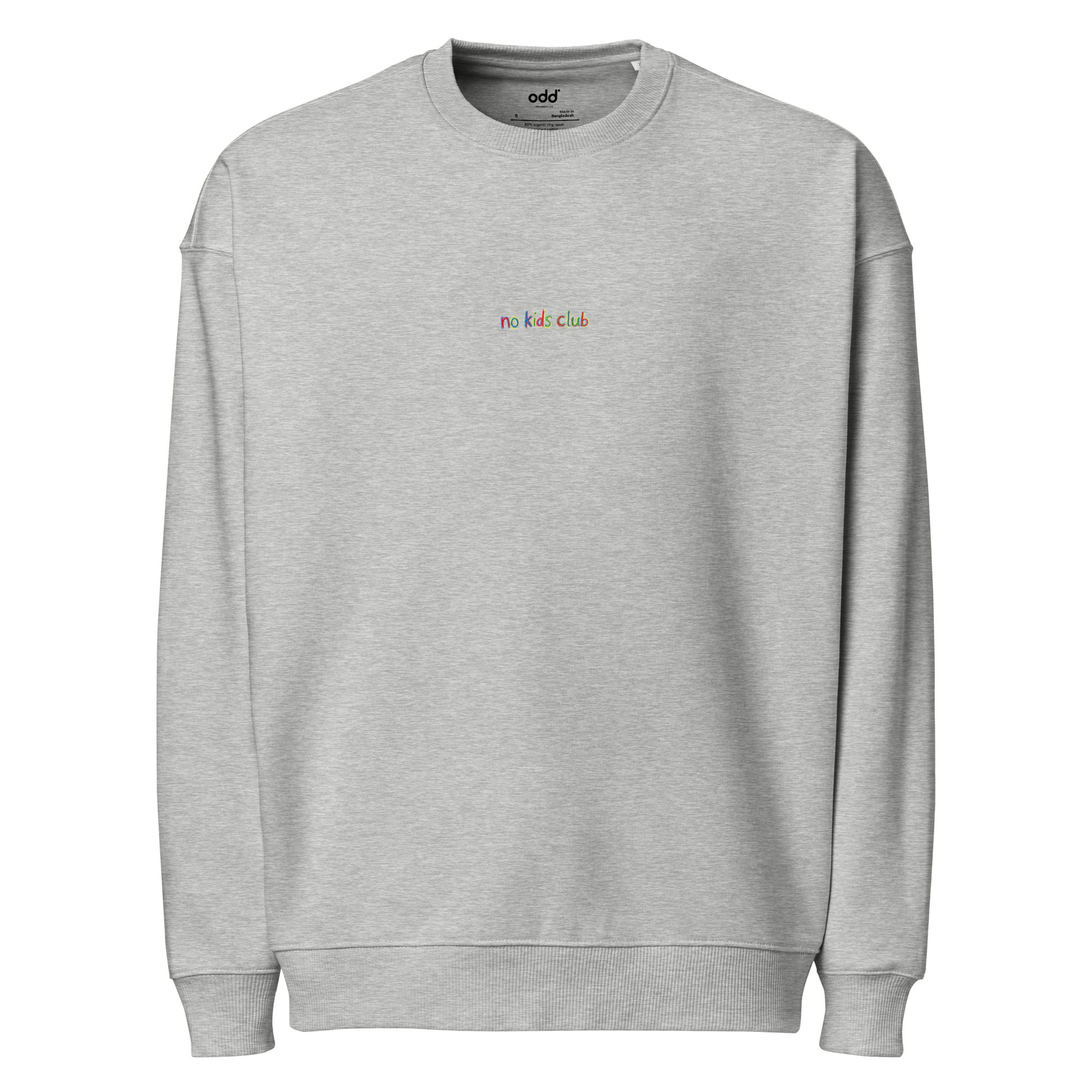 Heather grey oversized sweatshirt, front view – "no kids club" multicolor embroidery on chest