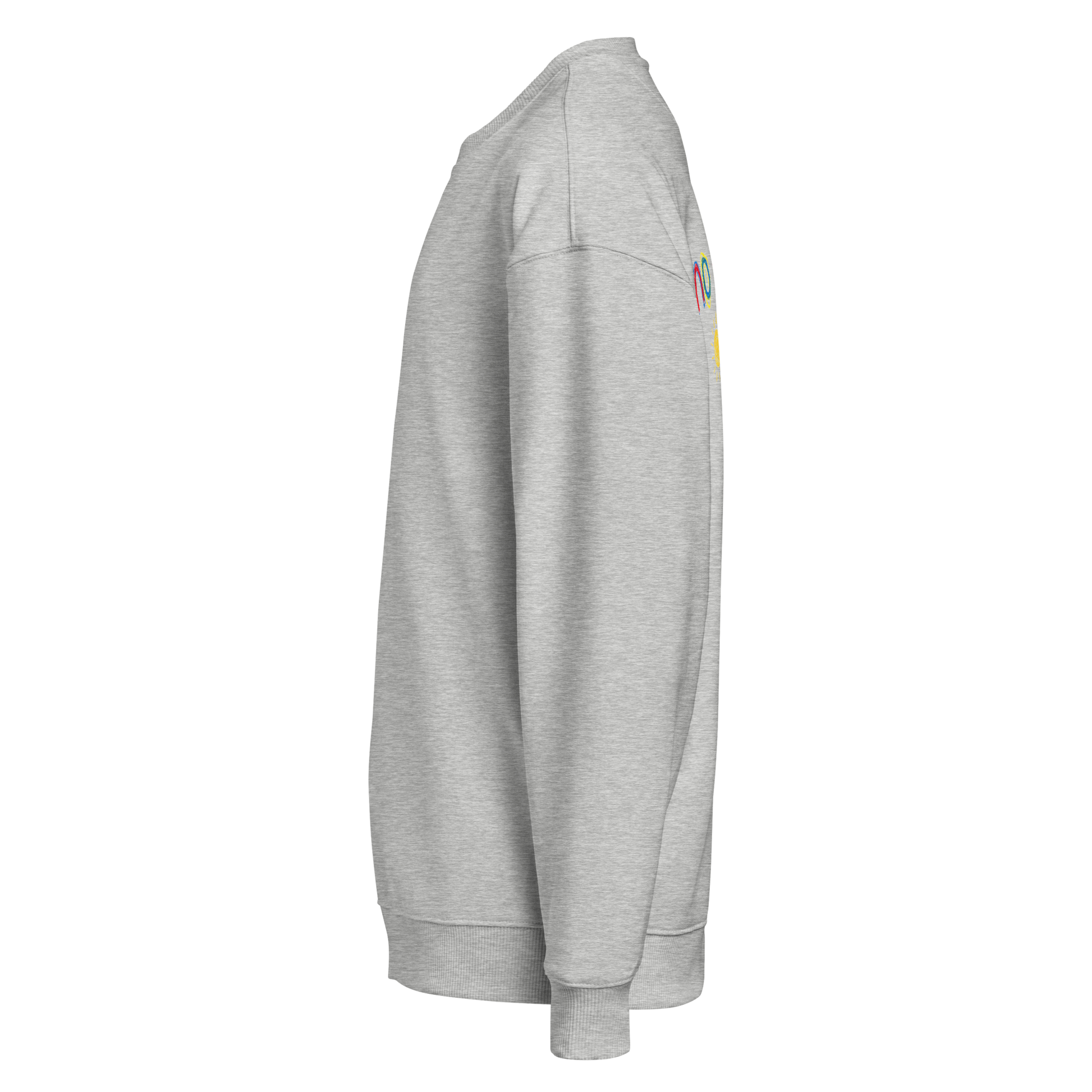 Heather grey oversized sweatshirt, side view left – relaxed oversized silhouette
