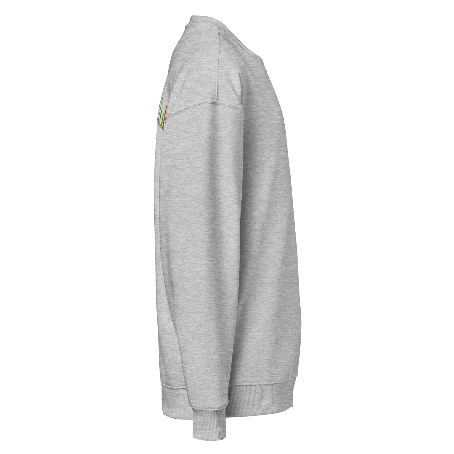 Heather grey oversized sweatshirt, side view right – ribbed cuffs and hem detail