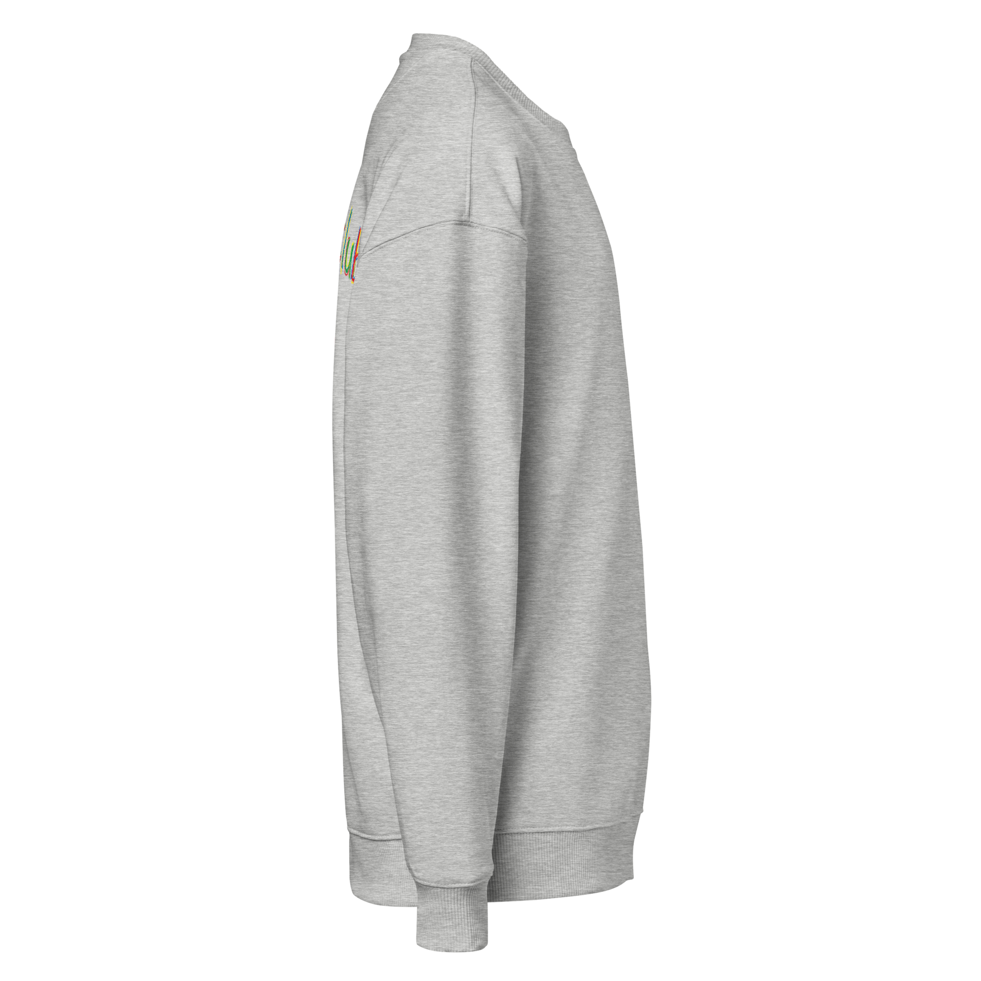 Heather grey oversized sweatshirt, side view right – ribbed cuffs and hem detail