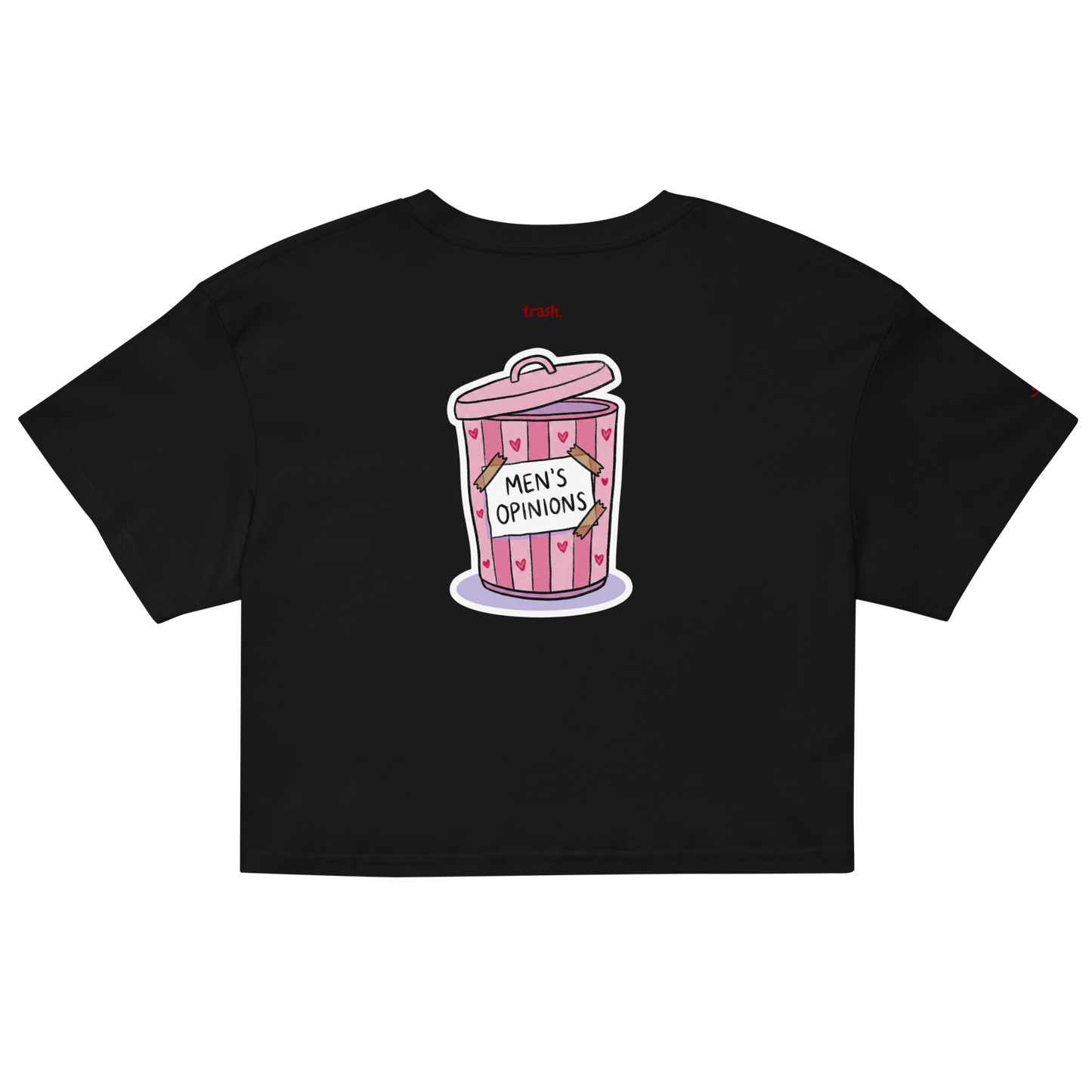 oddjuice trash crop top – black cropped tee with pink "Men's Opinions" trash can graphic on back and red "trash" text, back view