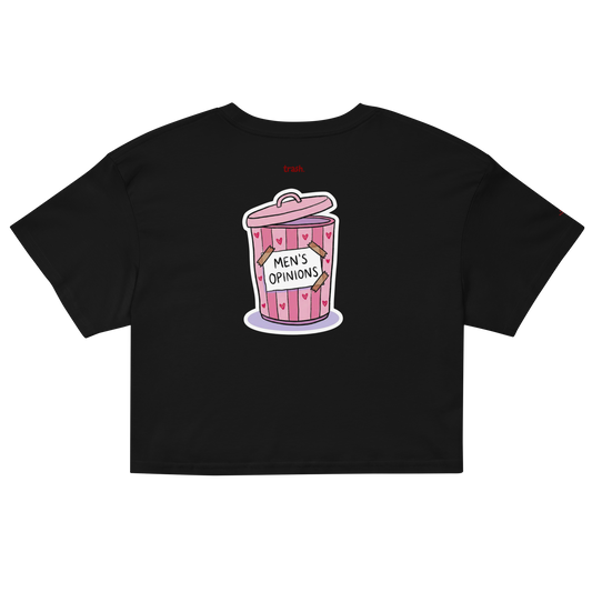 oddjuice trash crop top – black cropped tee with pink "Men's Opinions" trash can graphic on back and red "trash" text, back view