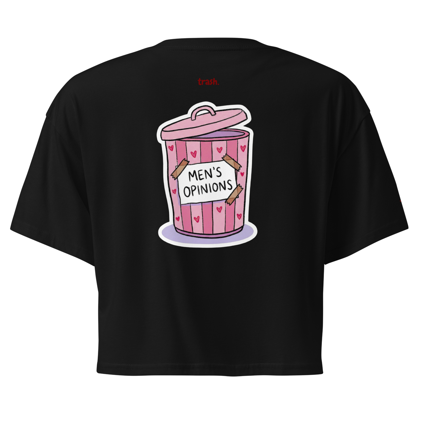 oddjuice trash crop top – black cropped tee with pink "Men's Opinions" trash can graphic on back and red "trash" text, back view
