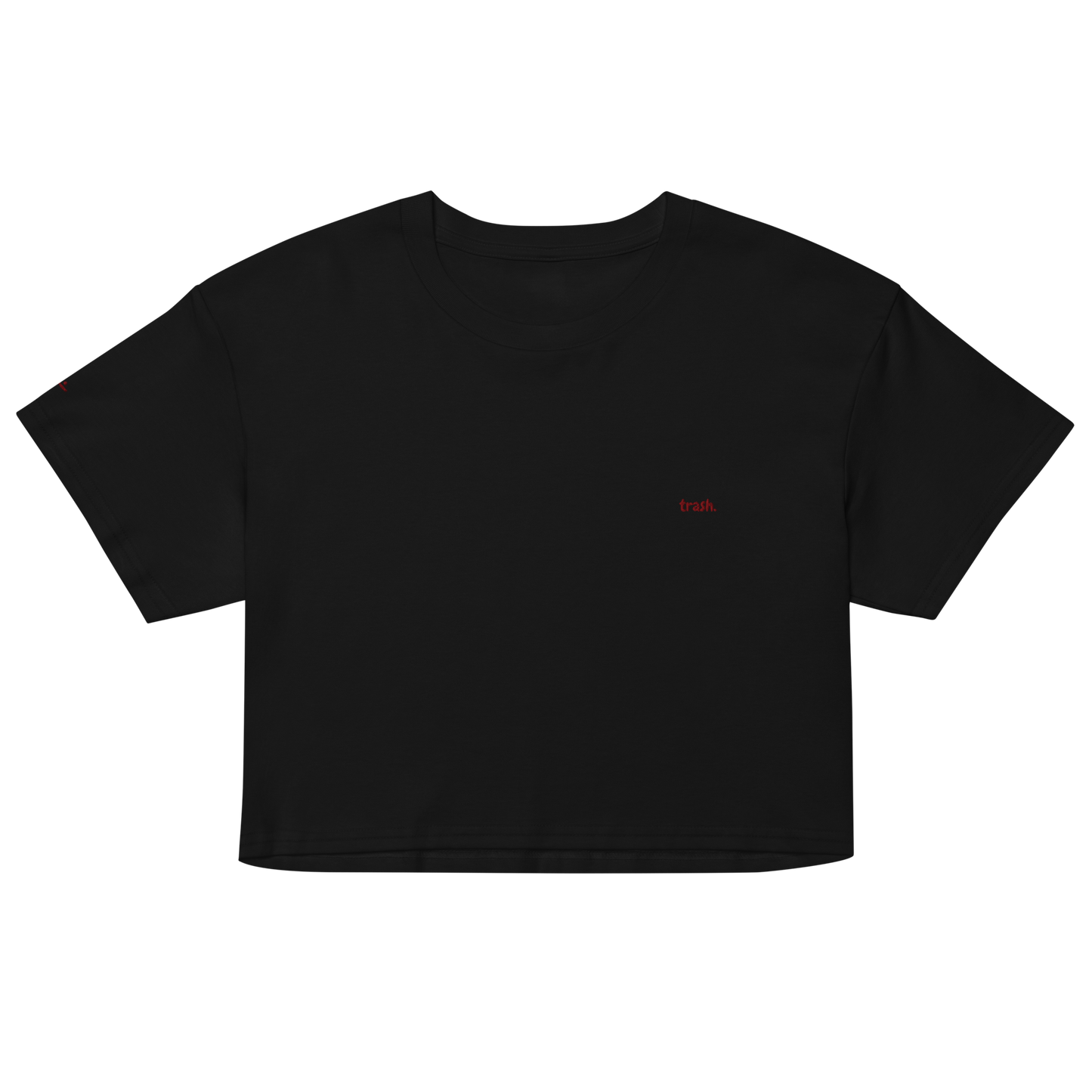 oddjuice trash crop top – black cropped tee with embroidered red "trash" text, front view
