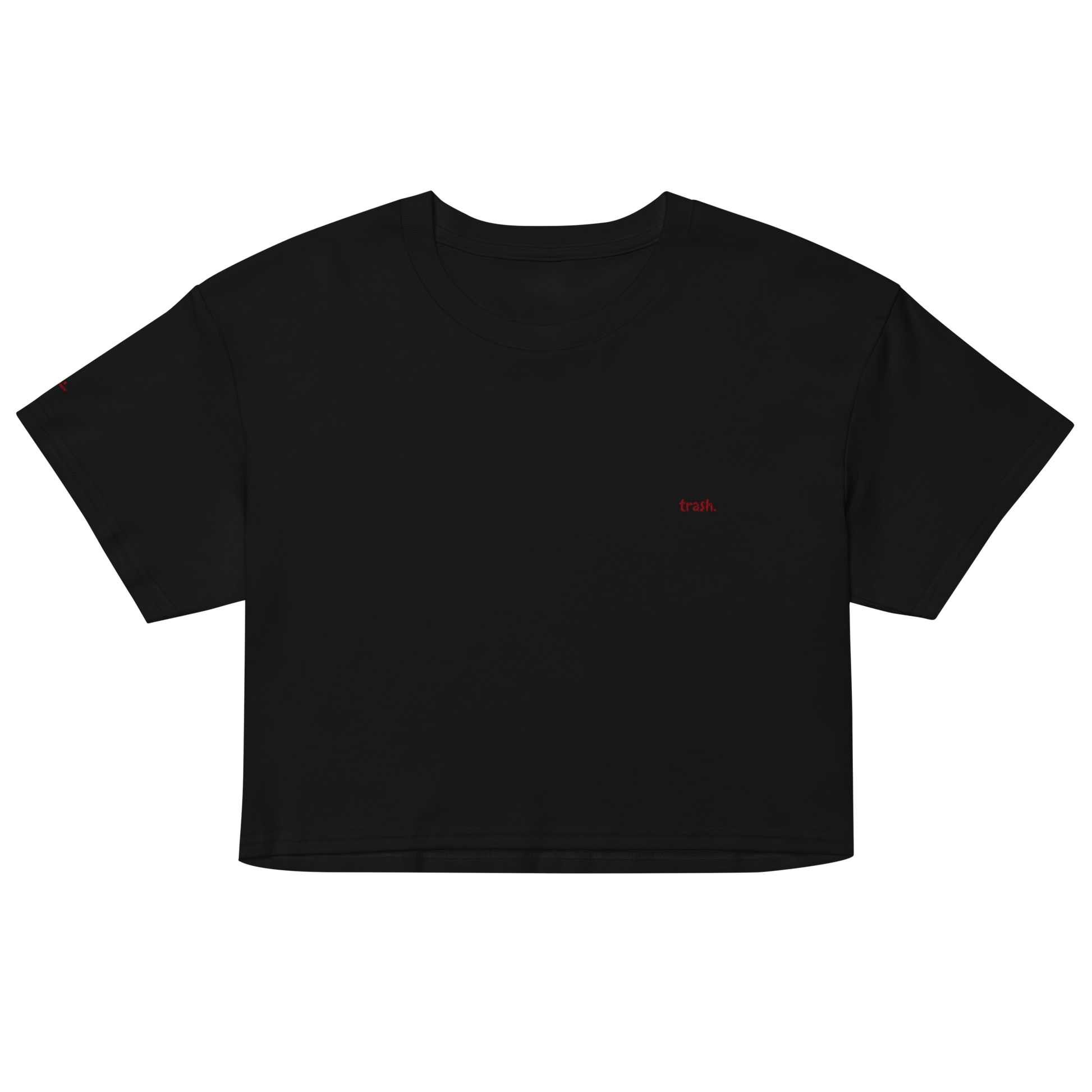 oddjuice trash crop top – black cropped tee with embroidered red "trash" text, front view