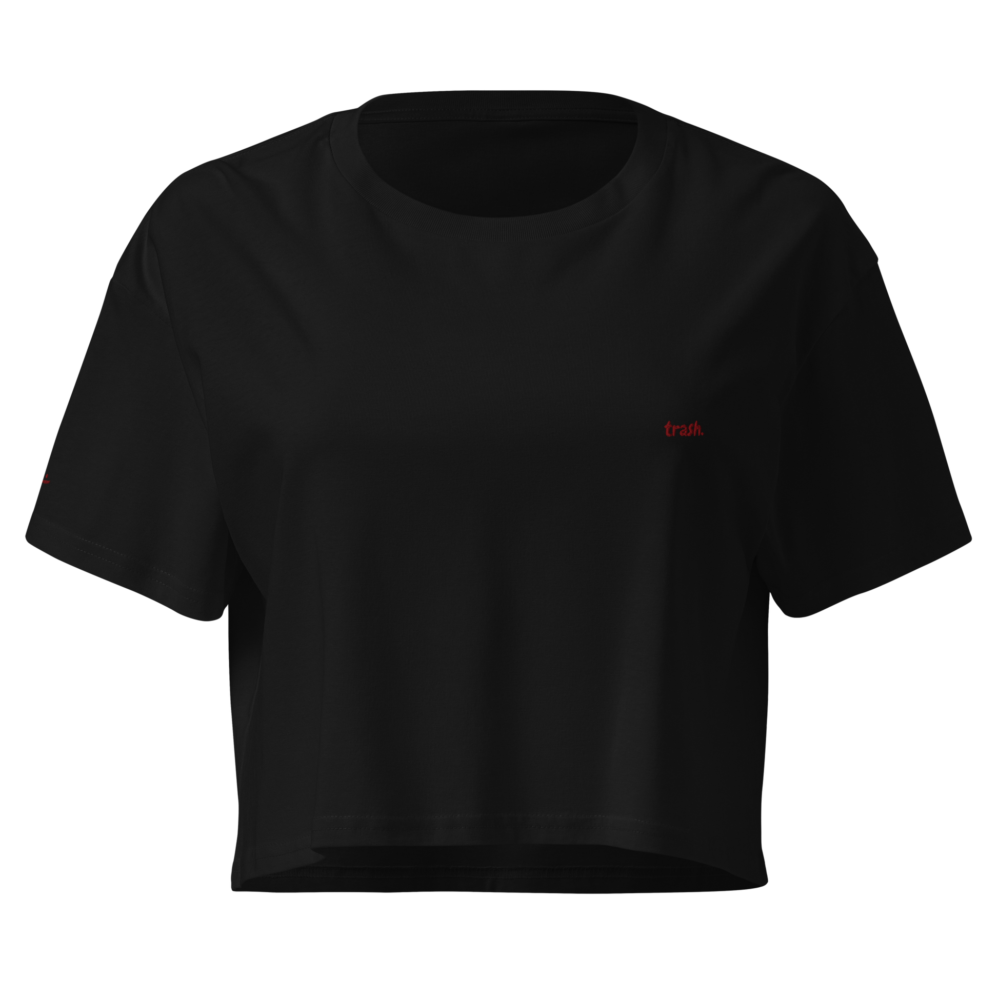 oddjuice trash crop top – black cropped tee with embroidered red "trash" text, front view