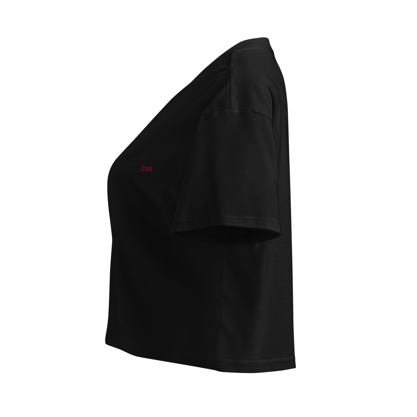 oddjuice trash crop top – side view showing cropped length and dropped shoulders
