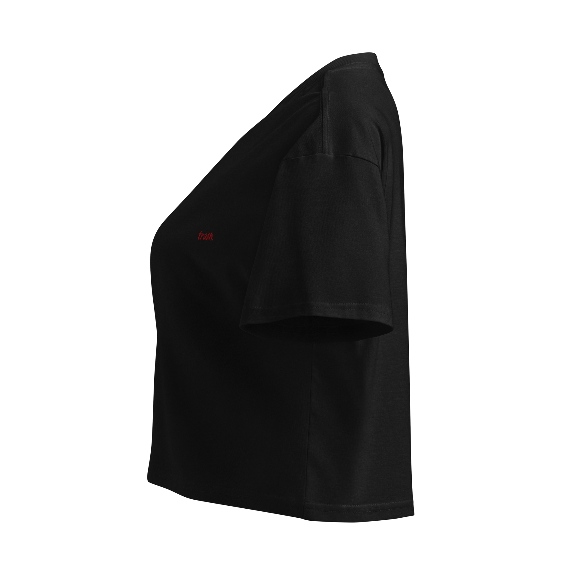 oddjuice trash crop top – side view showing cropped length and dropped shoulders