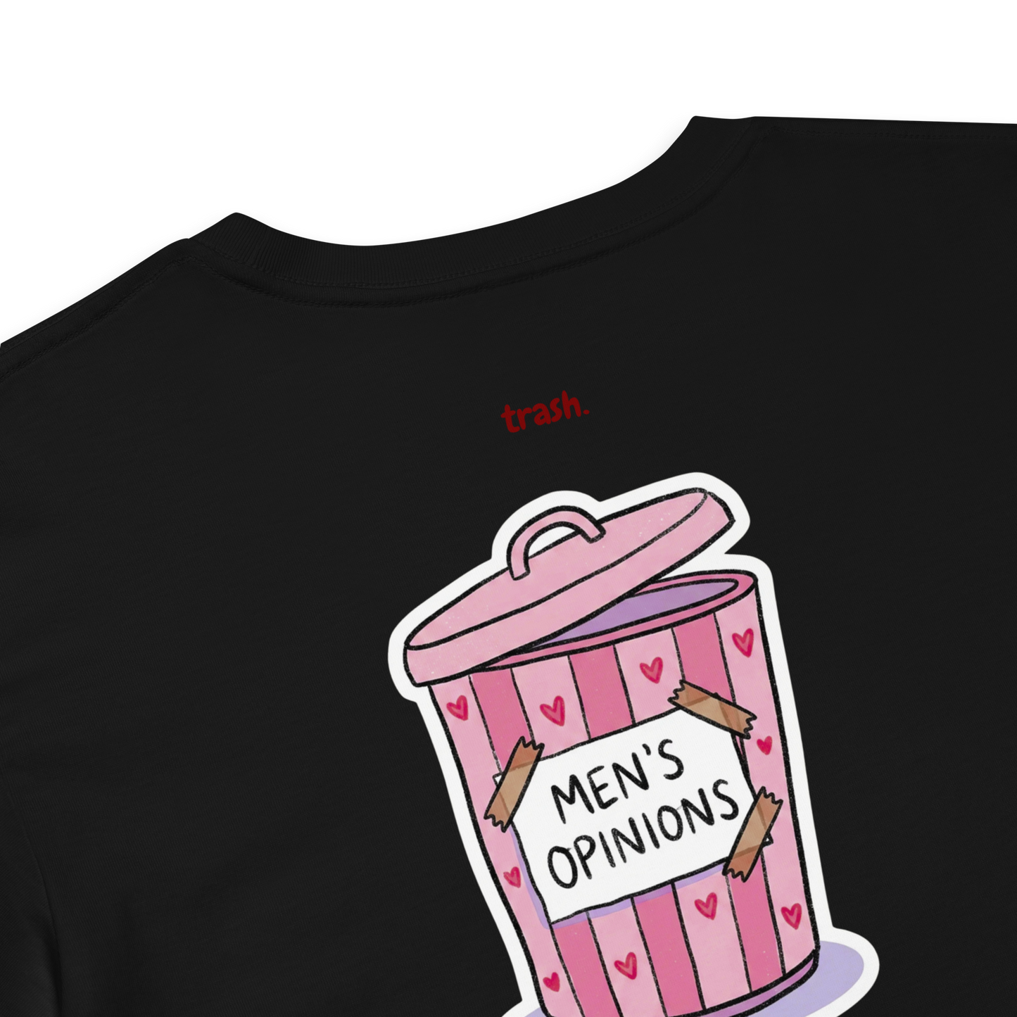 oddjuice trash crop top – black cropped tee with pink "Men's Opinions" trash can graphic on back and red "trash" text, back detail view