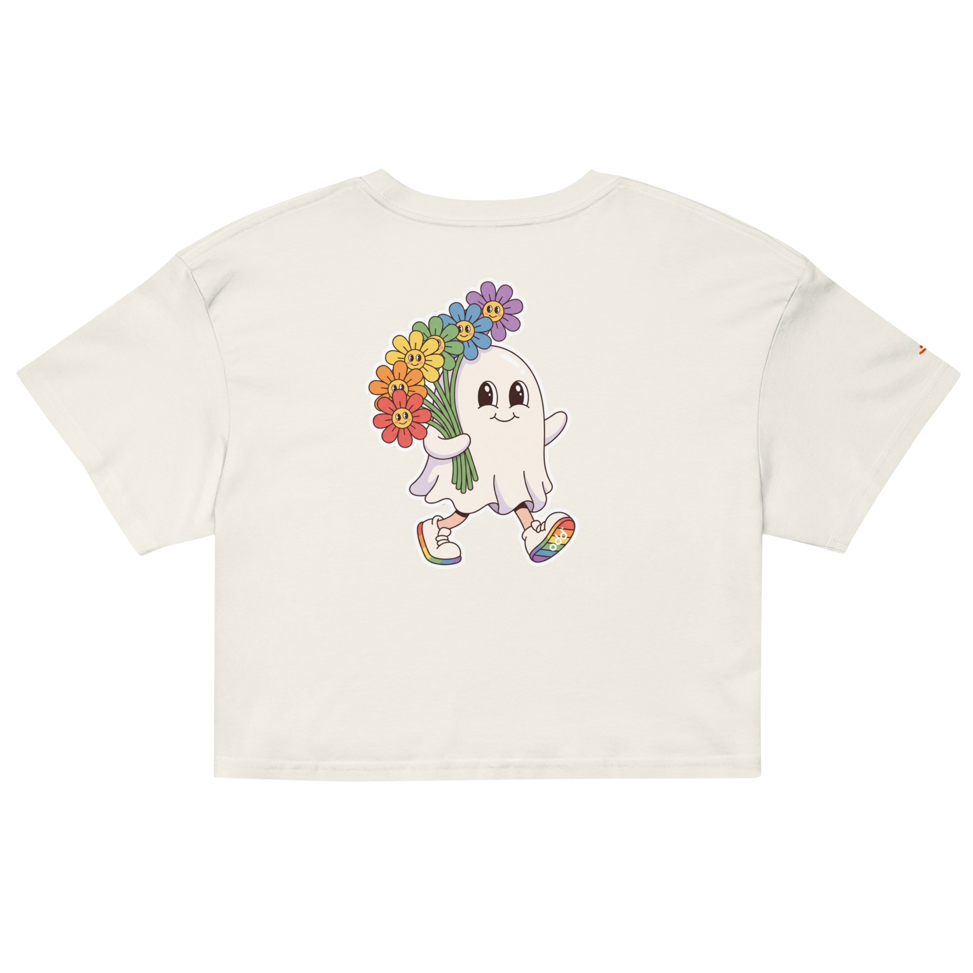Off-White crop top, back view – a walking friendly ghost with flowers in its hand graphic print